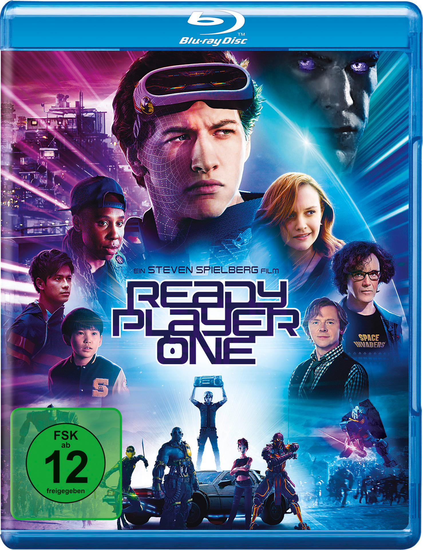 Ready Player One Blu-ray Disc Cover. Es zeigt einen Mann mit VR-Helm und mehrere Charaktere.