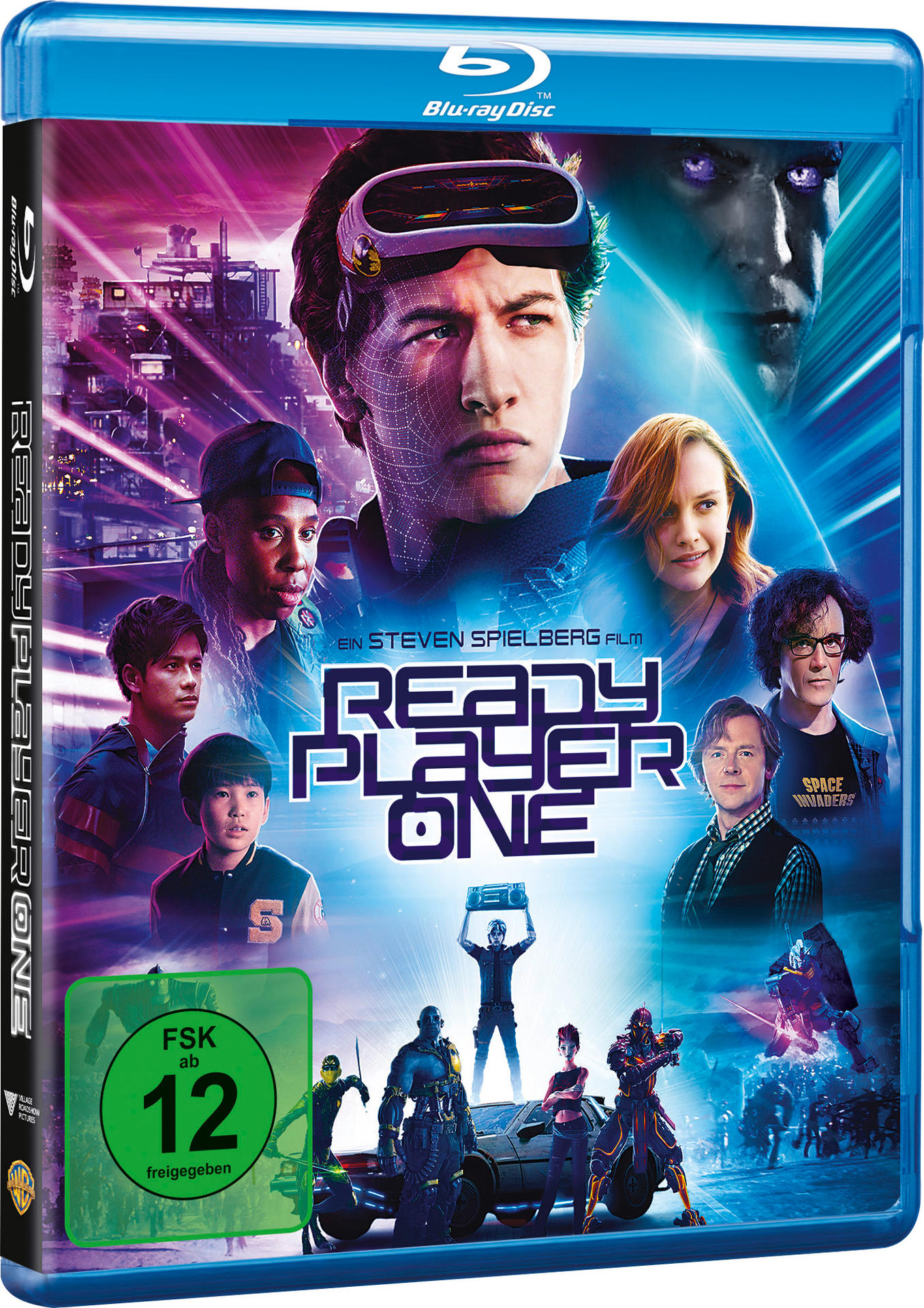 Blu-ray-Disc-Cover für 'Ready Player One' mit Schauspielern, futuristischen Bildern und FSK-Rating.