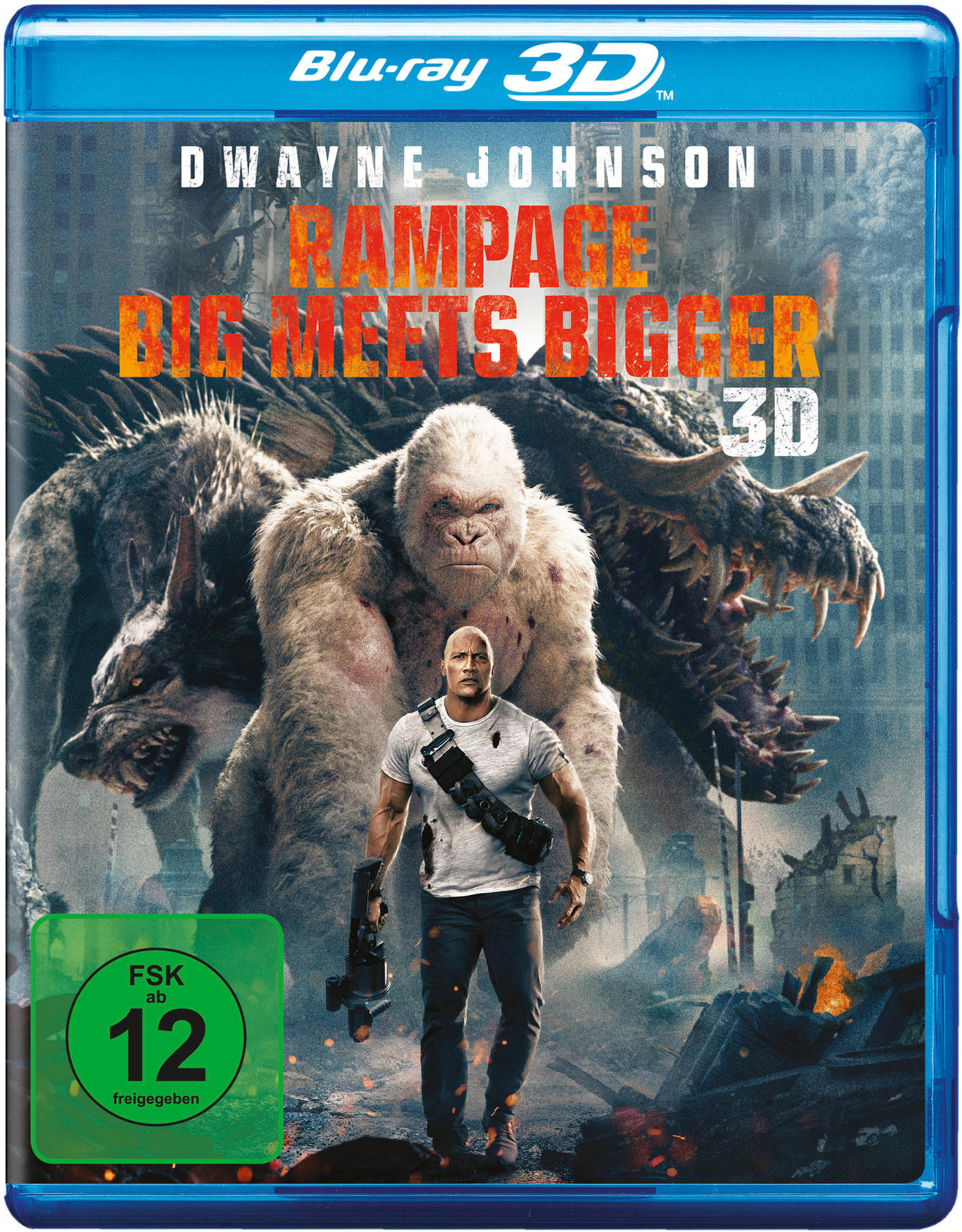 Filmcover. Dwayne Johnson mit einer Waffe steht einem Gorilla und einem Monster gegenüber.