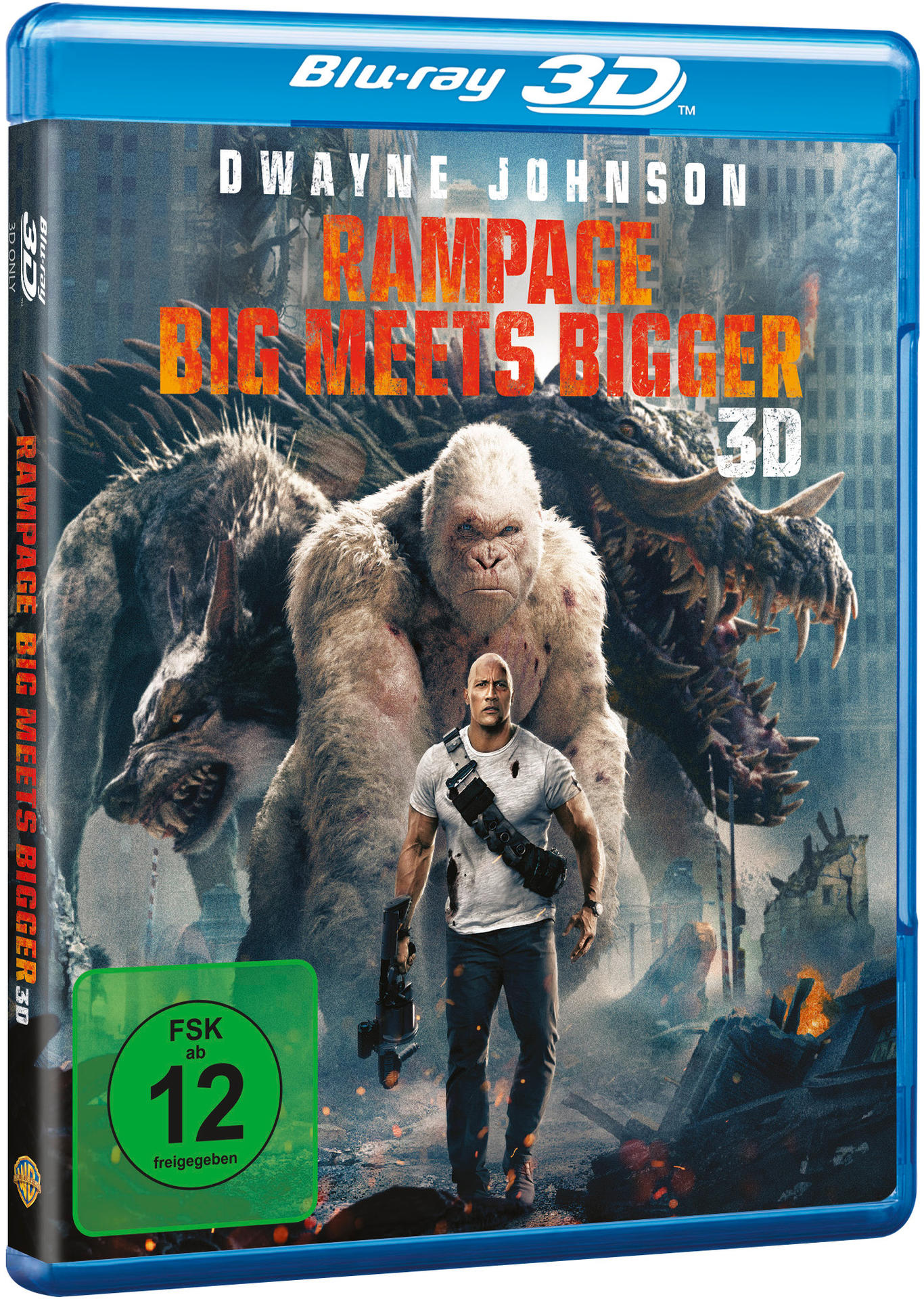 Blu-ray-Filmcover mit Bild von Dwayne Johnson und Monstern.