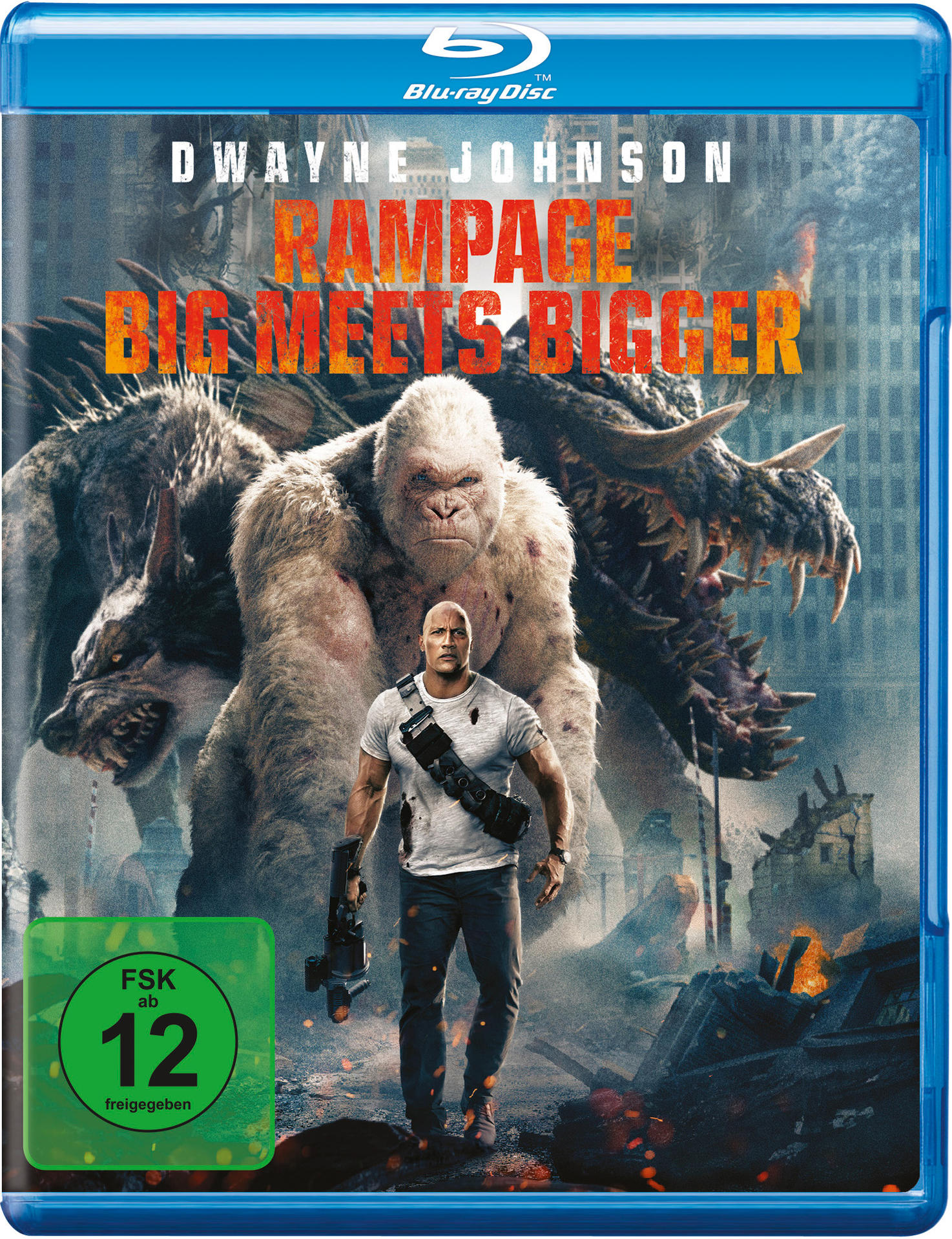 Filmcover. Dwayne Johnson steht. Ein Gorilla und ein Monster sind hinter ihm.