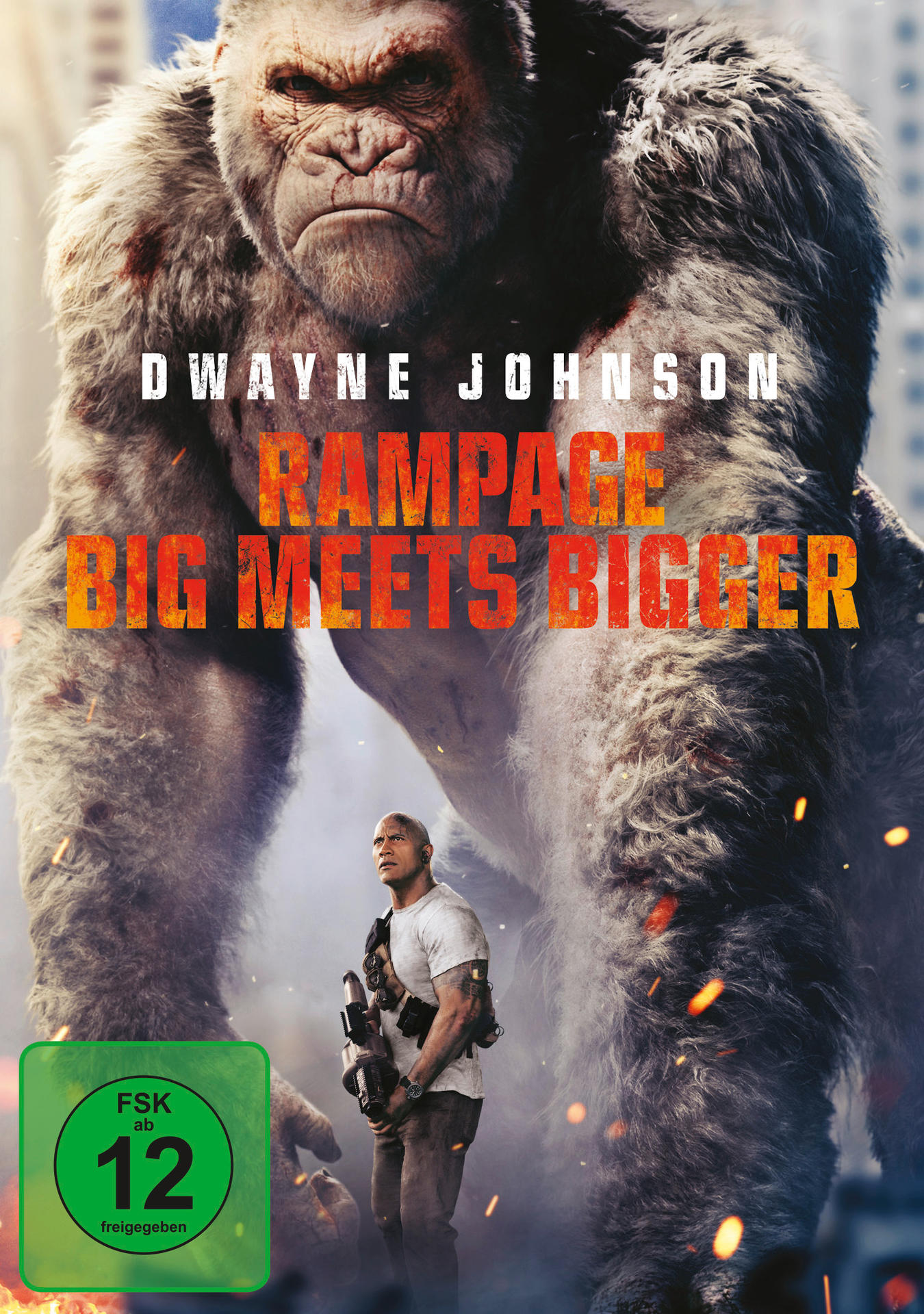 Filmcover. Dwayne Johnson steht einem riesigen Gorilla gegenüber. Titel: 'Rampage'.