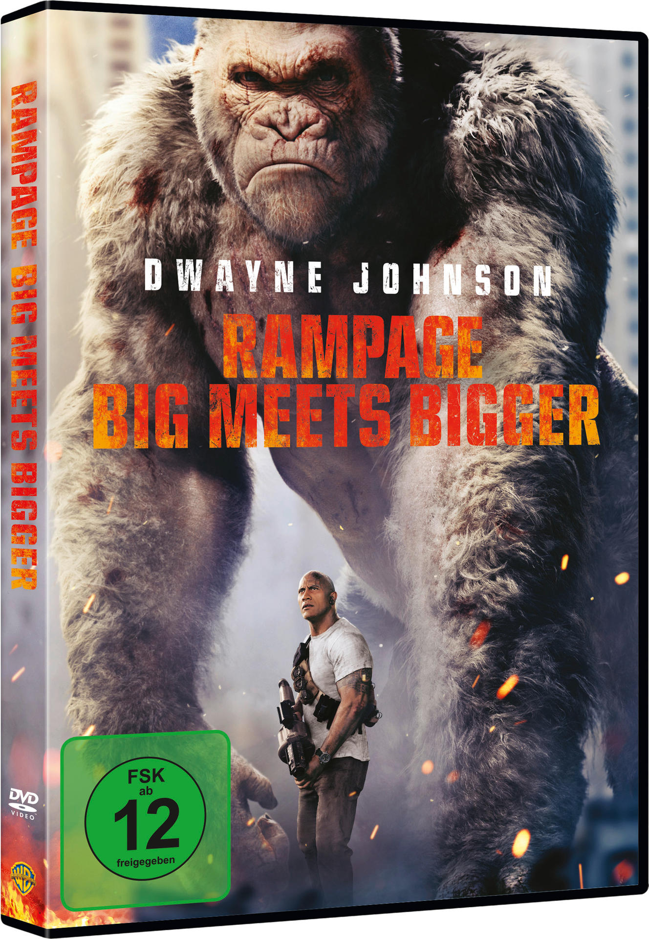 DVD-Cover des Films Rampage, Dwayne Johnson steht vor einem riesigen Gorilla.