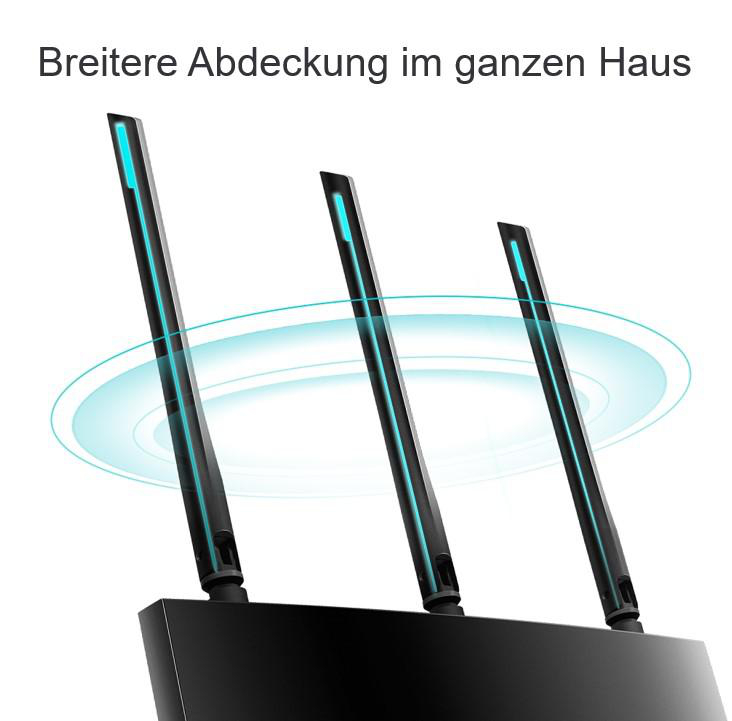 Drei Antennen eines WLAN-Routers mit blauem Leuchten.