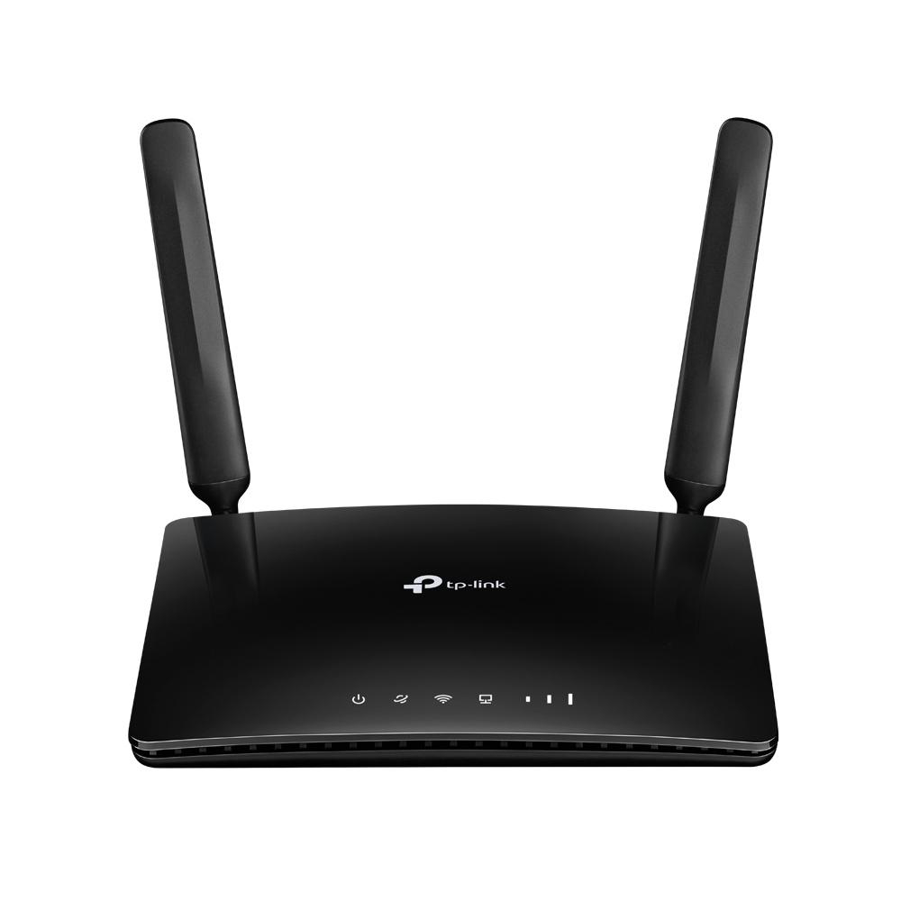 Schwarzer tp-link Router mit zwei Antennen. Der Router hat Strom- und Verbindungsanzeigen.