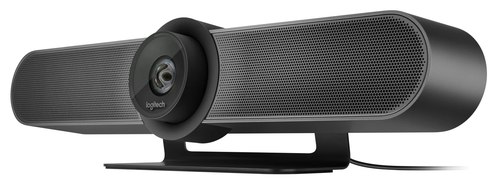 Fekete Logitech videokonferencia kamera állványon, sötét háttérrel.