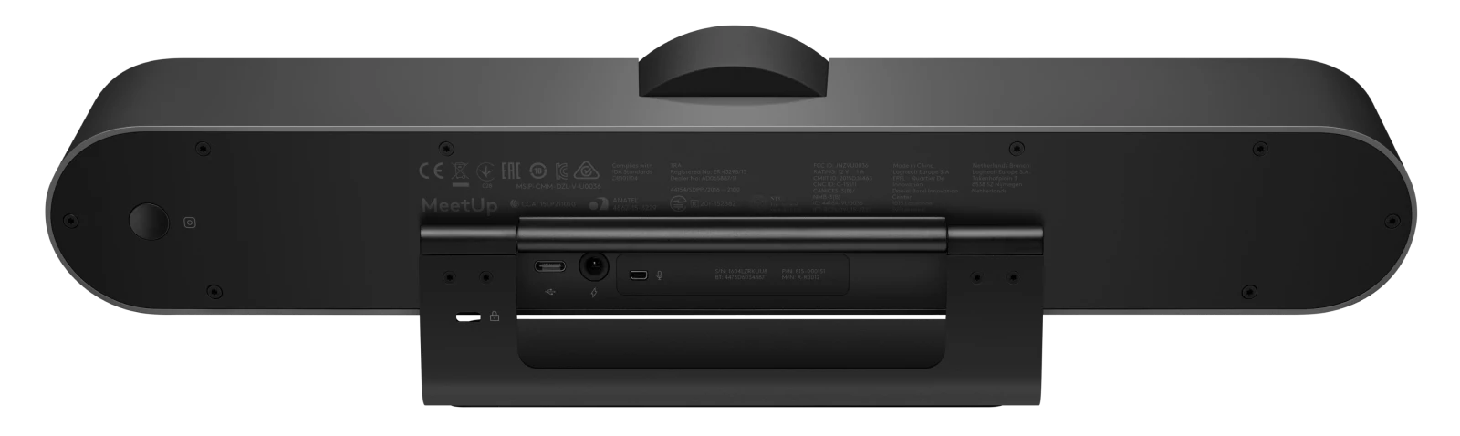 Fekete Logitech MeetUp konferencia kamera hátulról. Különböző portok és csatlakozások láthatók.