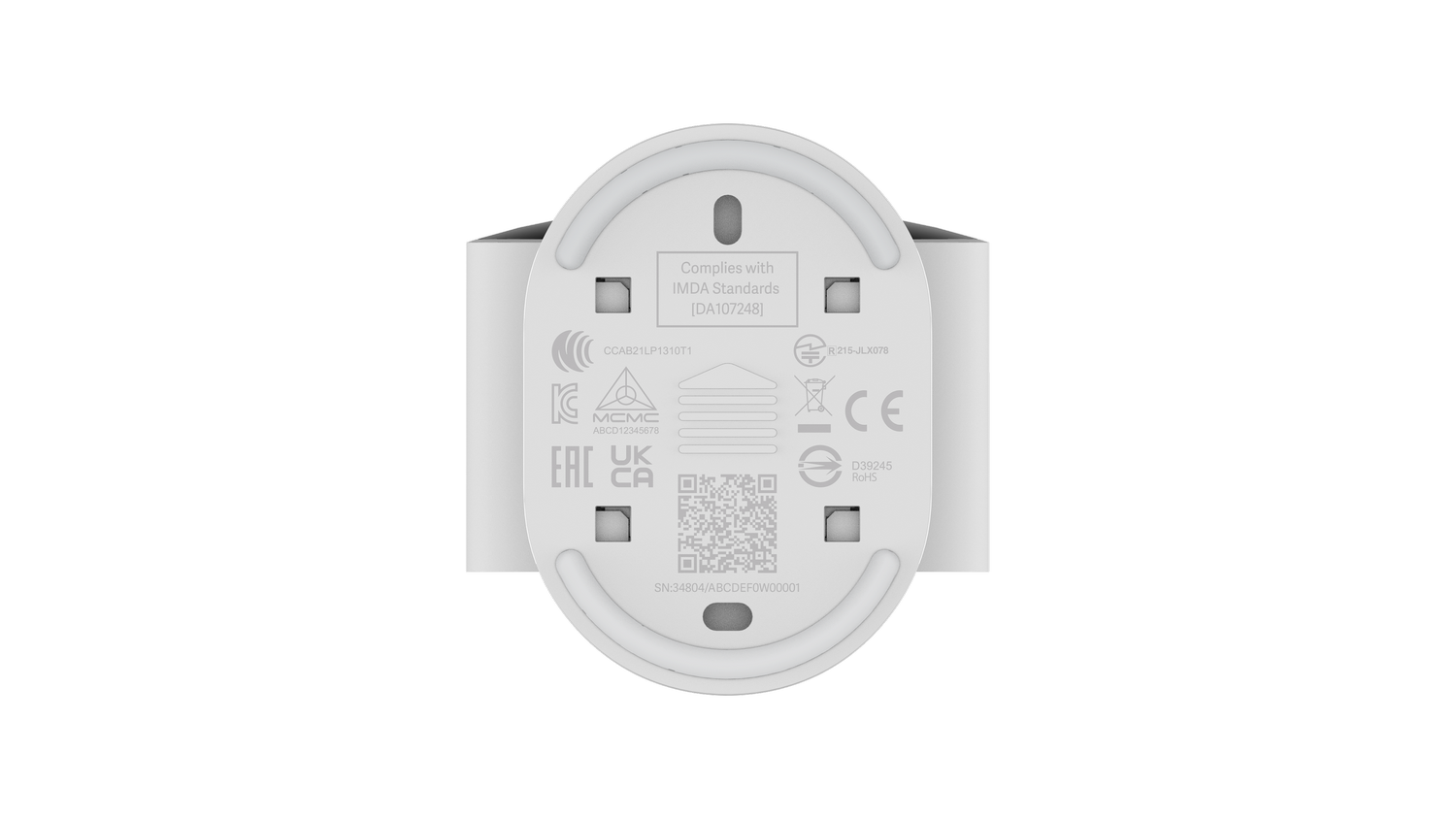 Parte inferior de un dispositivo blanco con etiquetas y código QR sobre fondo negro.