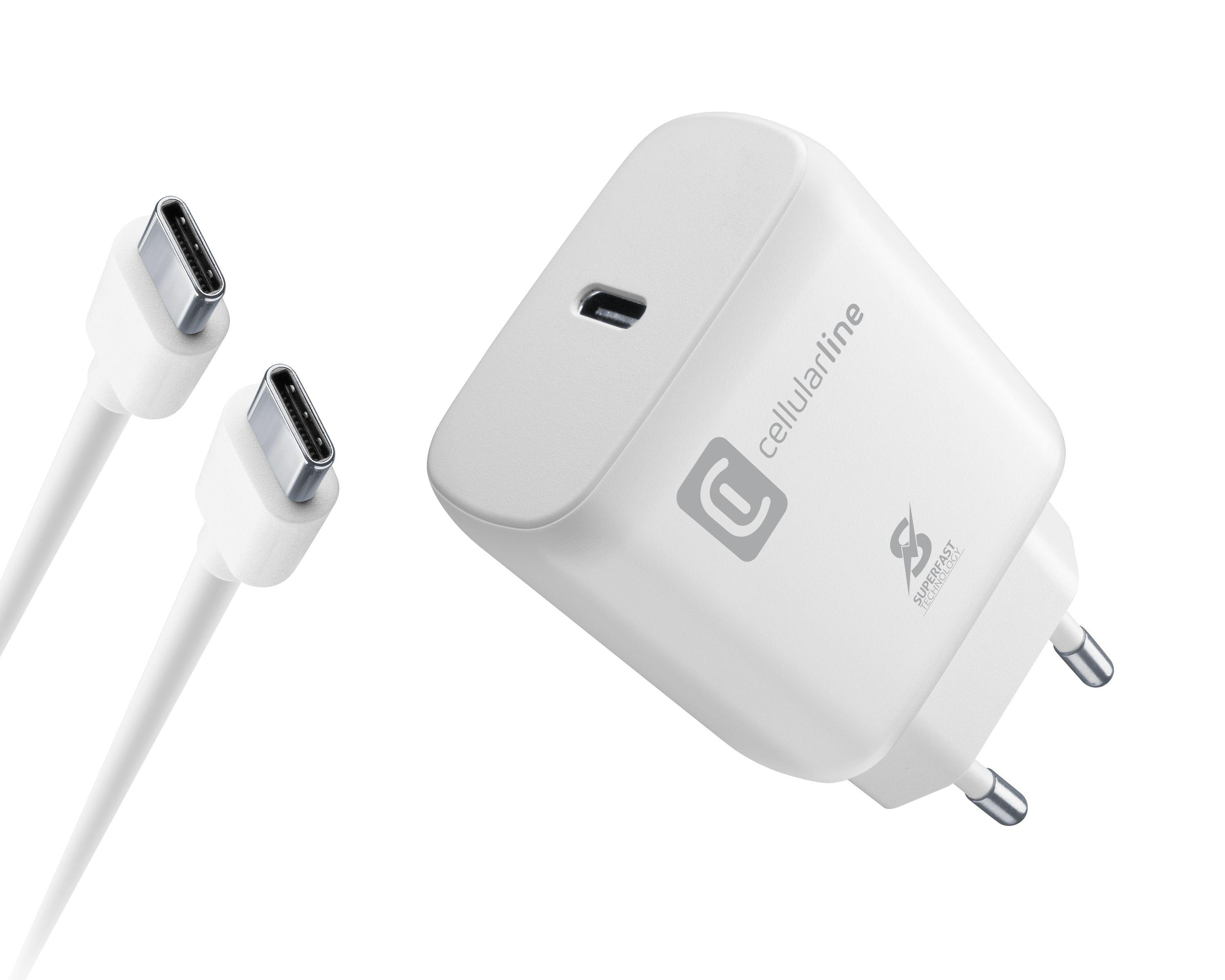 Weißes Ladegerät mit zwei weißen Ladekabeln, 'cellularline' Text und Stecker.