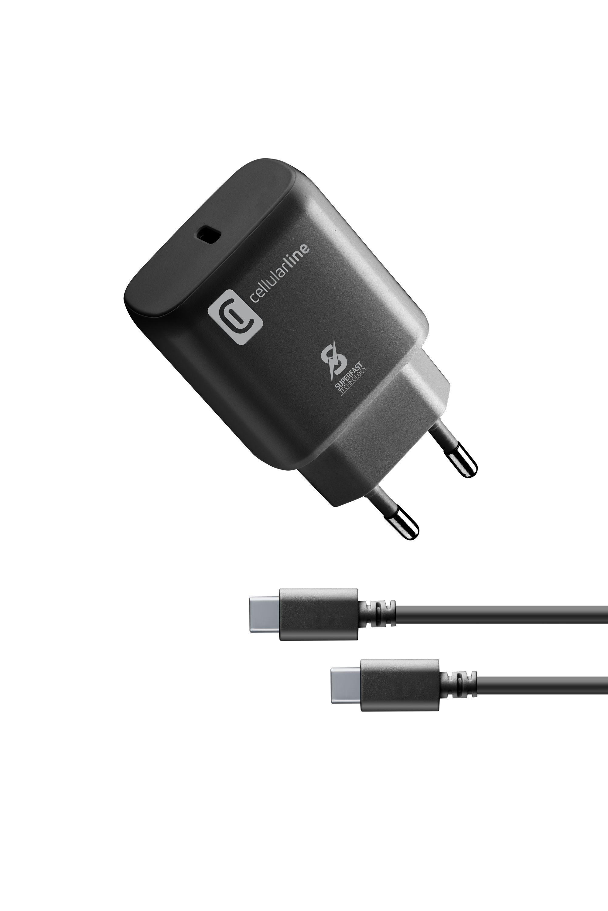 Schwarzes Ladegerät mit weißem Cellularline-Logo und ein USB-C-Kabel und -Anschluss.