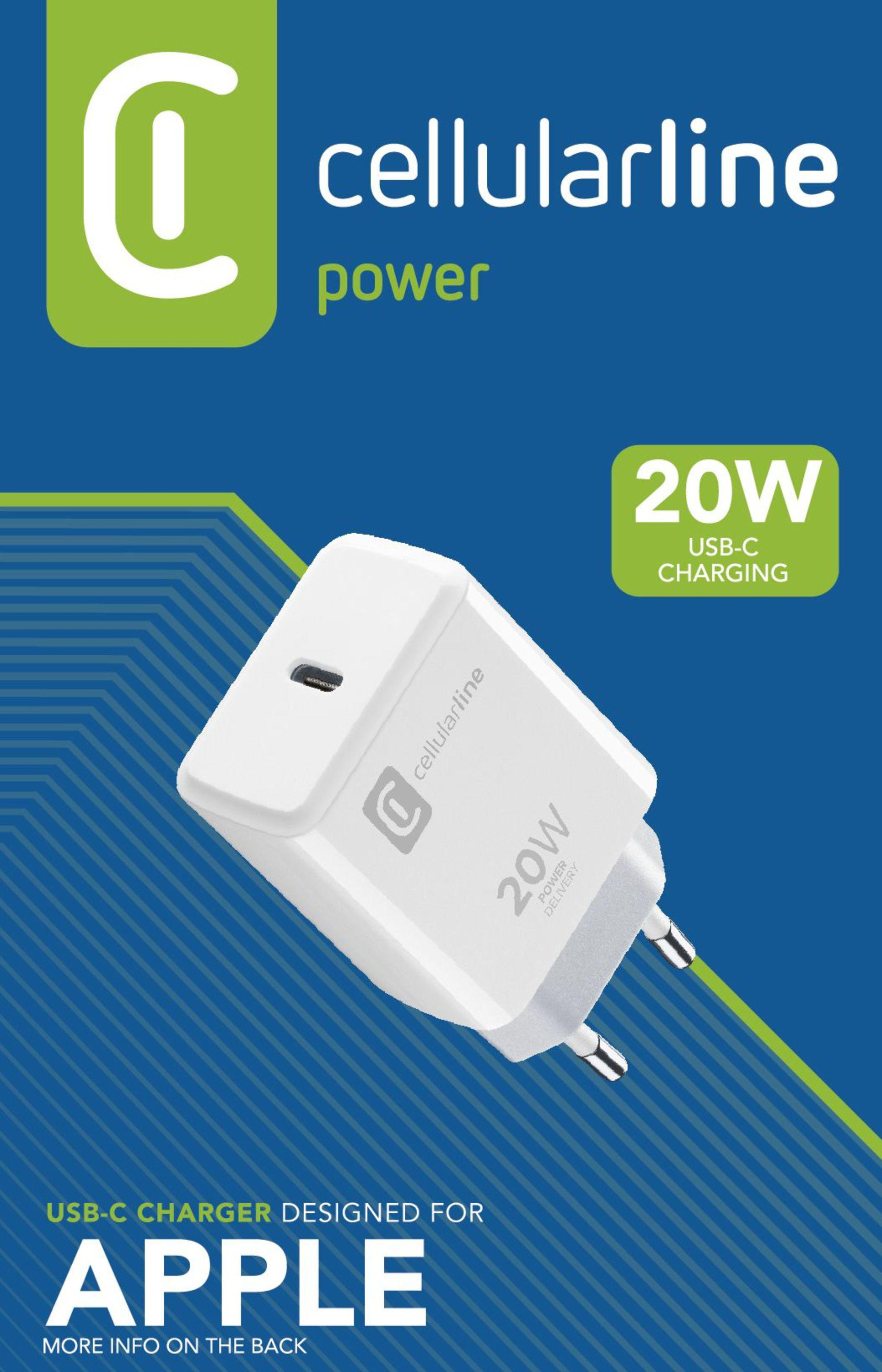 Weißes Cellularline 20W USB-C Ladegerät, für Apple-Geräte.