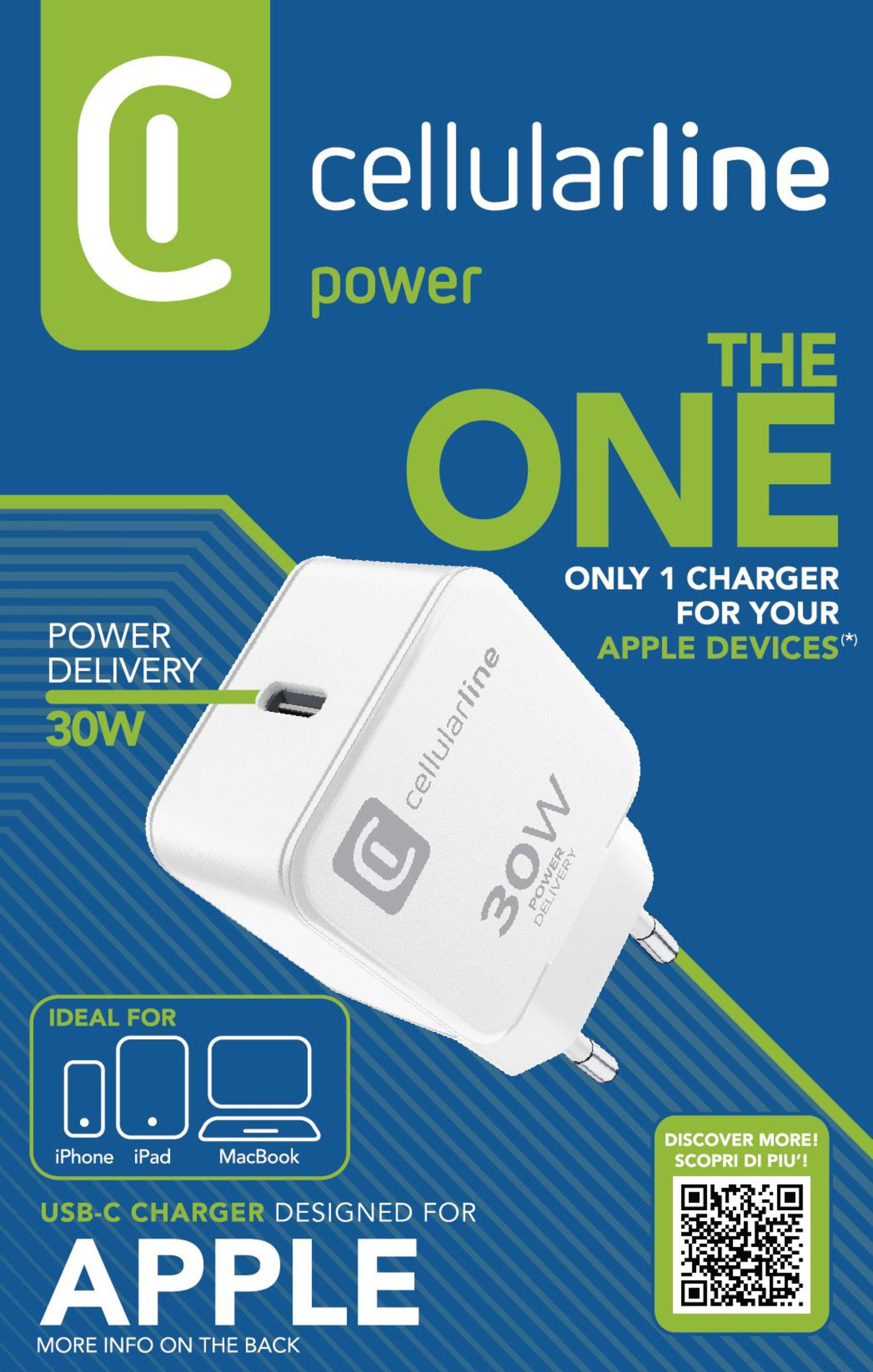 Ein weißes Ladegerät mit USB-C-Anschluss. Text: The One. Nur 1 Ladegerät für Ihre Apple-Geräte.