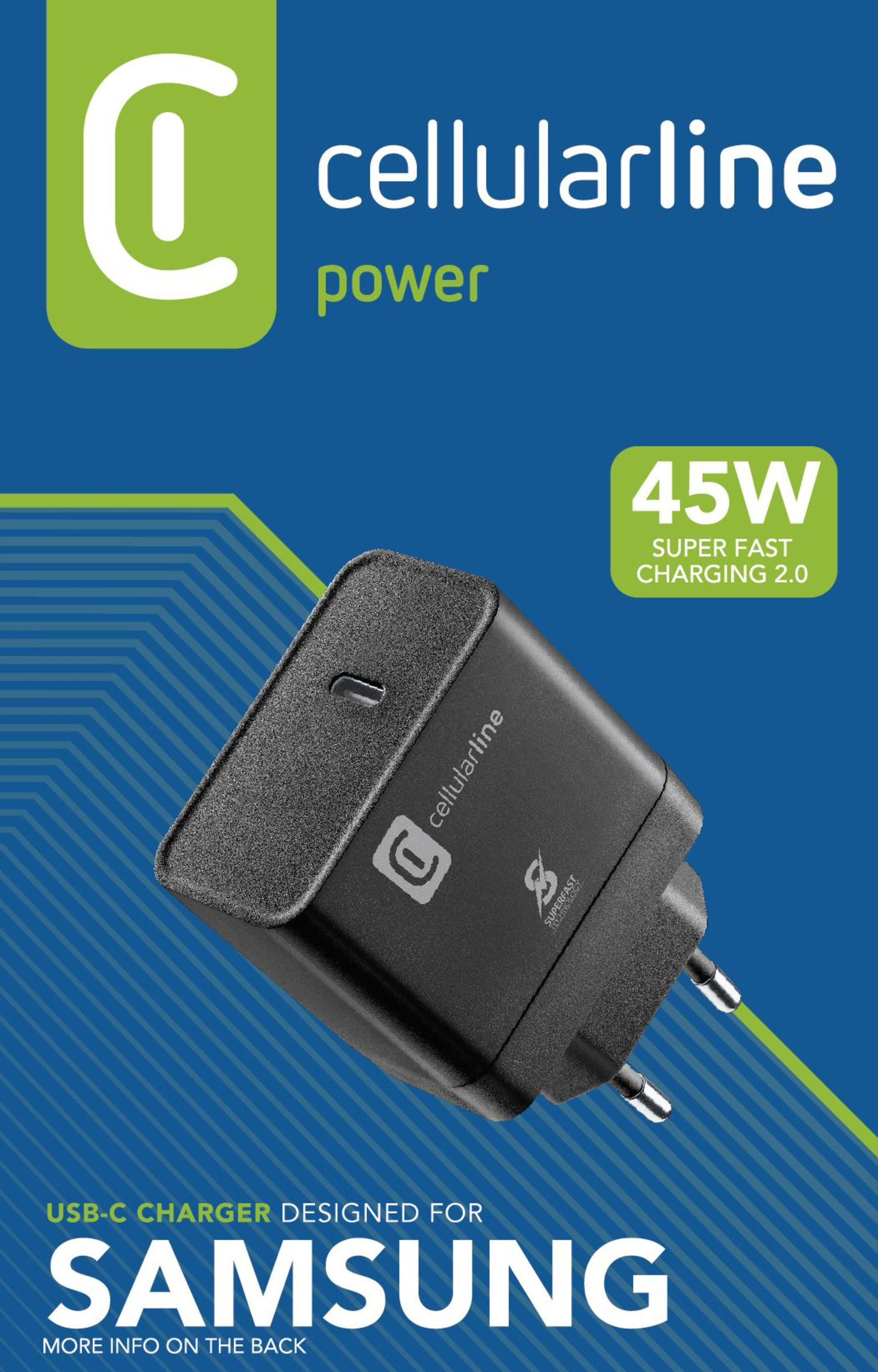 Schwarzes Cellularline-Ladegerät mit Stecker und Branding auf blauem Hintergrund.