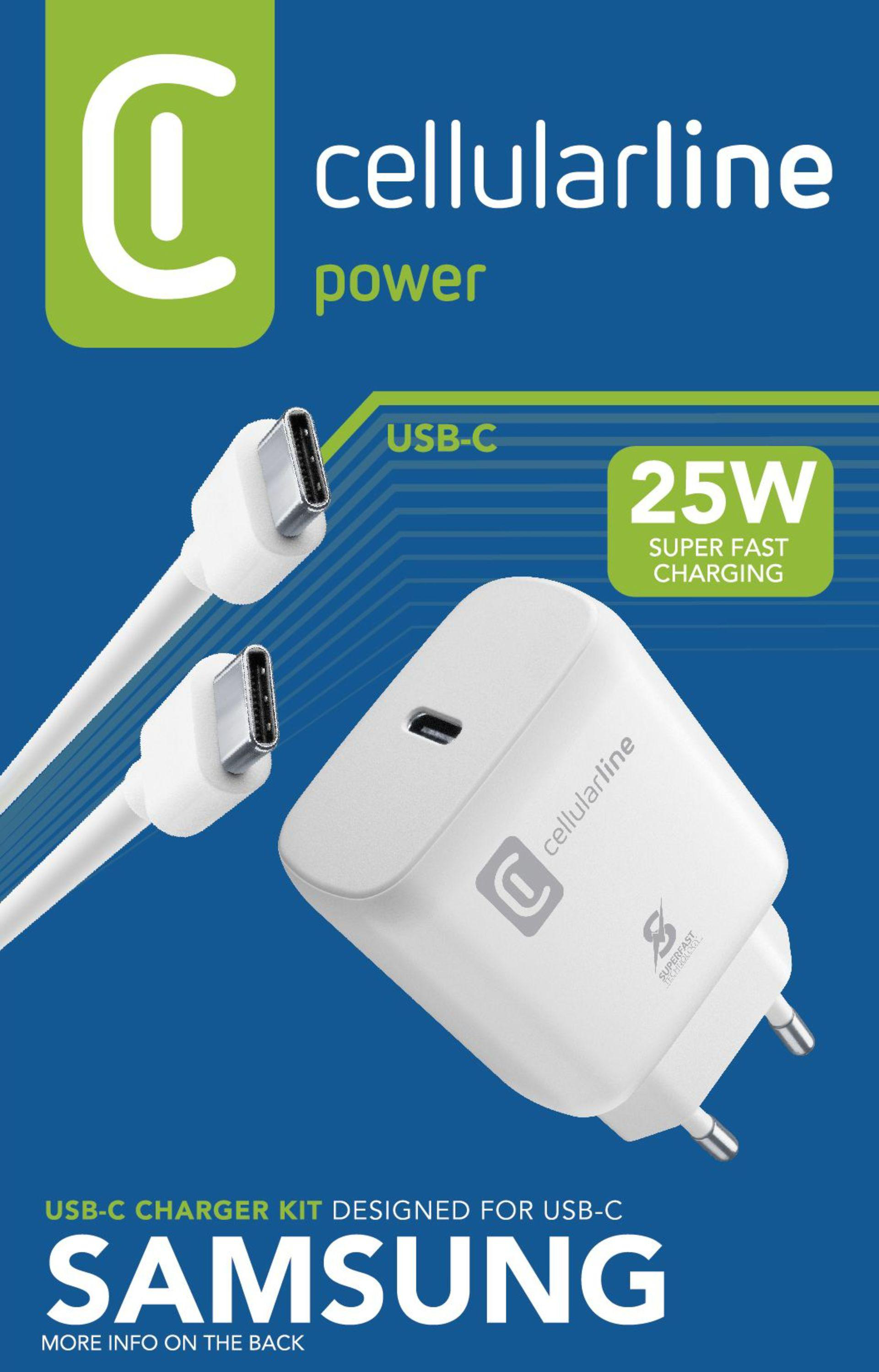 Ein weißes Ladegerät-Kit mit einem USB-C-Kabel und einem 25-W-Super-Schnellladeadapter.