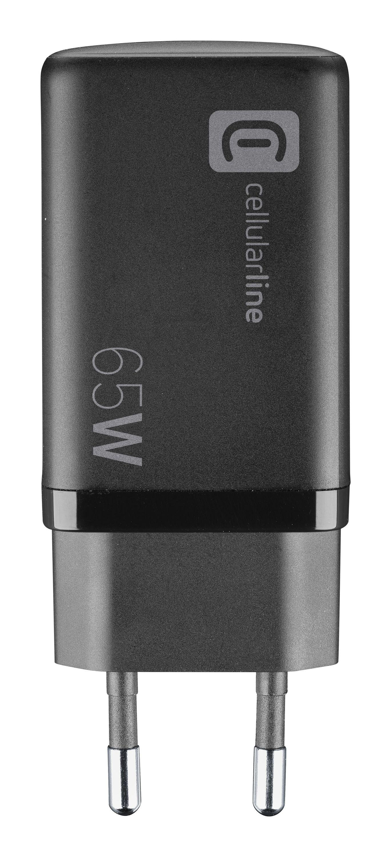 Schwarzes 65W-Ladegerät mit zwei Stiften. Markenlogo vorhanden.