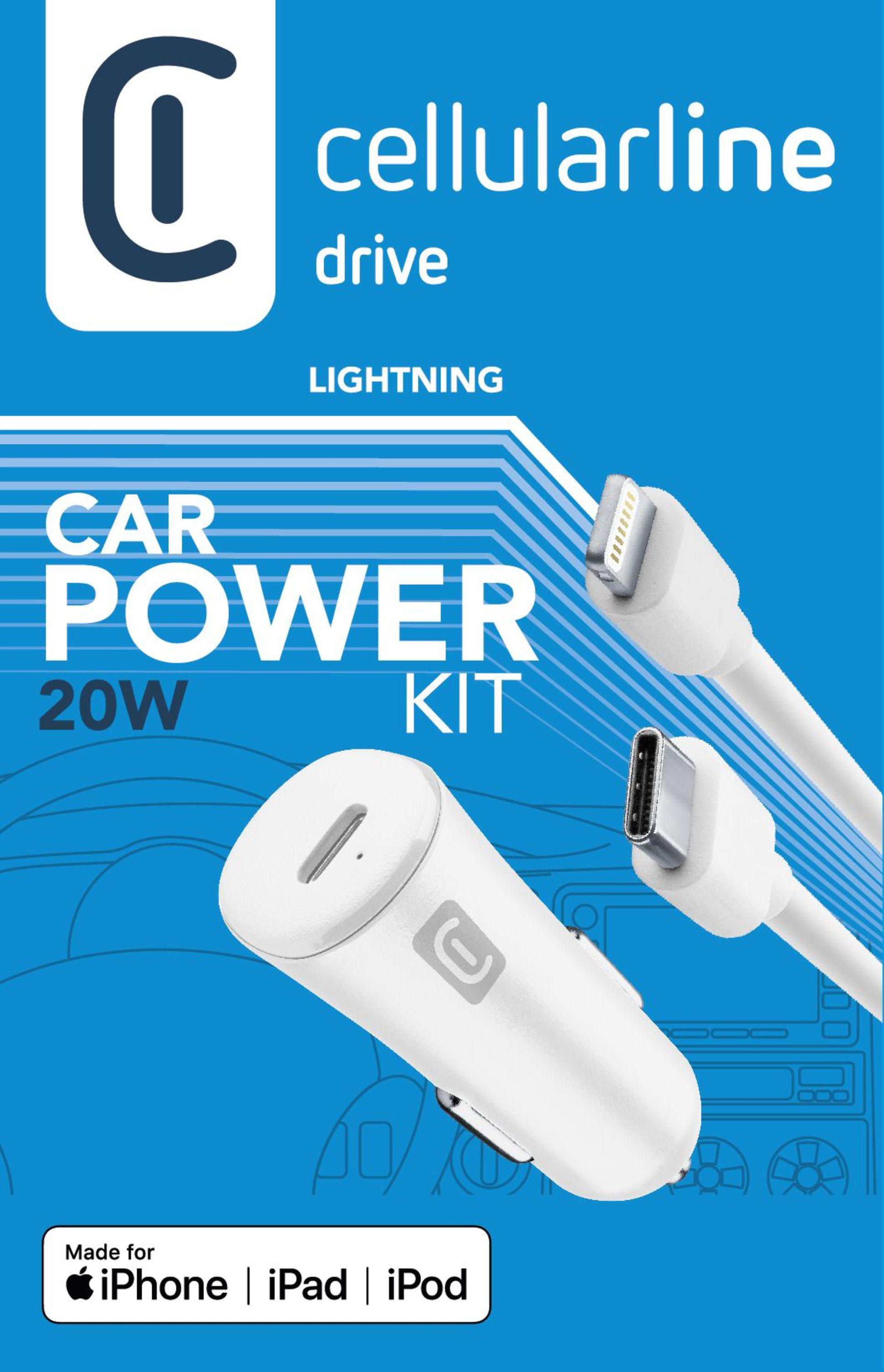 Eine Auto-Power-Kit-Box mit Lightning-Kabel und USB-C-Kabel, Marke 'cellularline drive'.