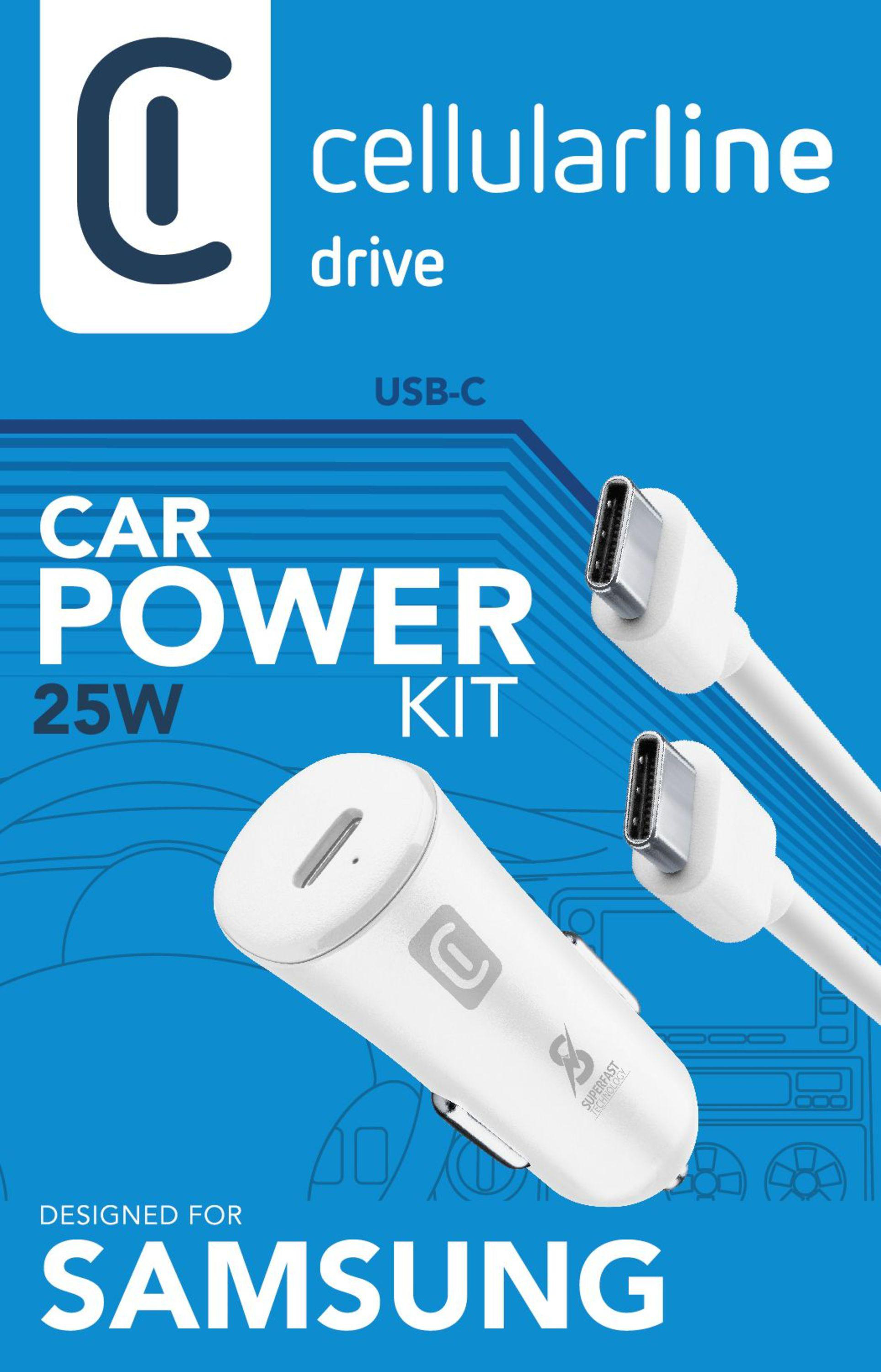 Auto-Power-Kit in einer Box, mit einem USB-C-Kabel und einem Ladegerät. Es ist für Samsung konzipiert.