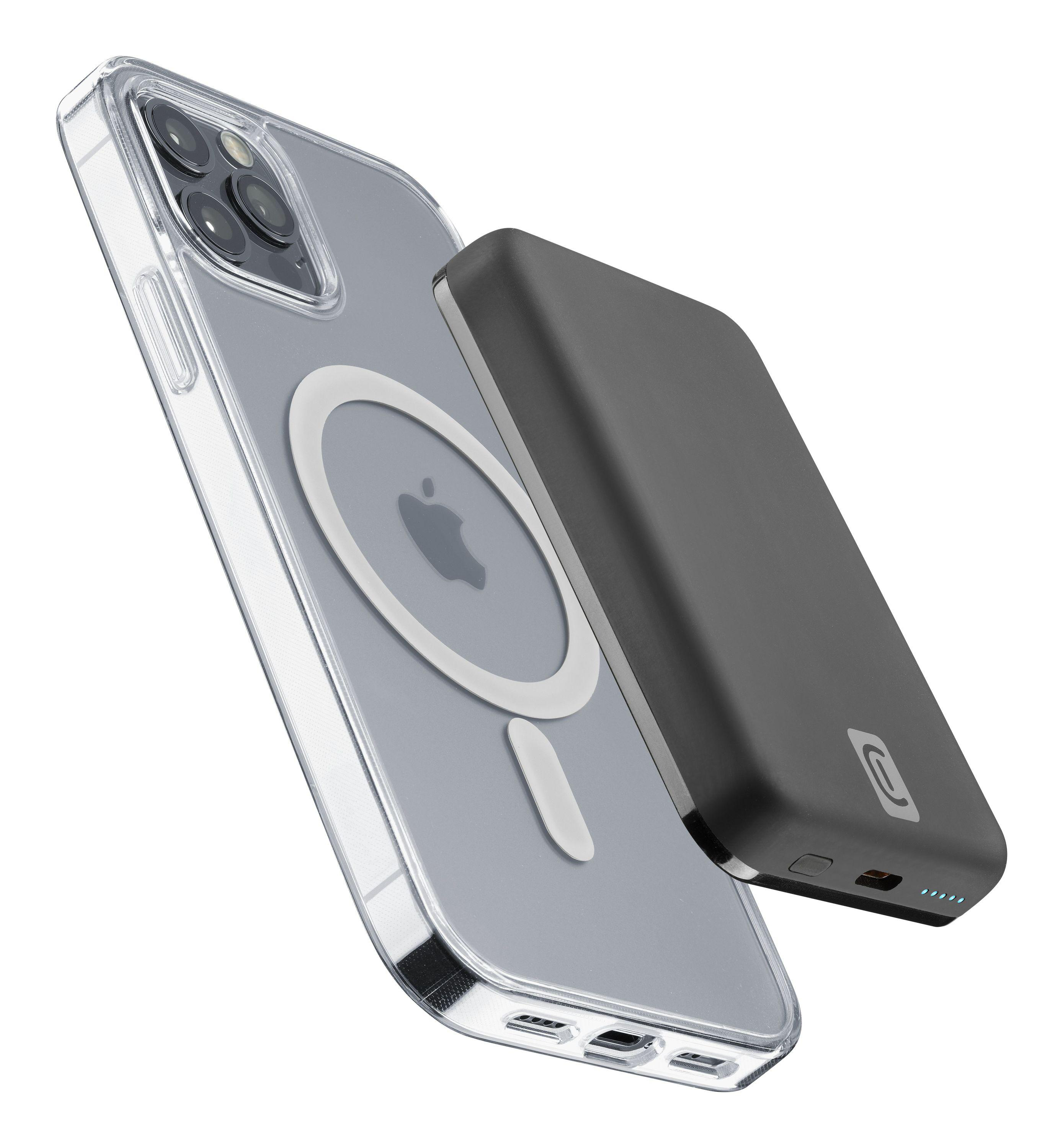 Ein Telefon in einer transparenten Hülle mit befestigtem kabellosen Ladegerät.
