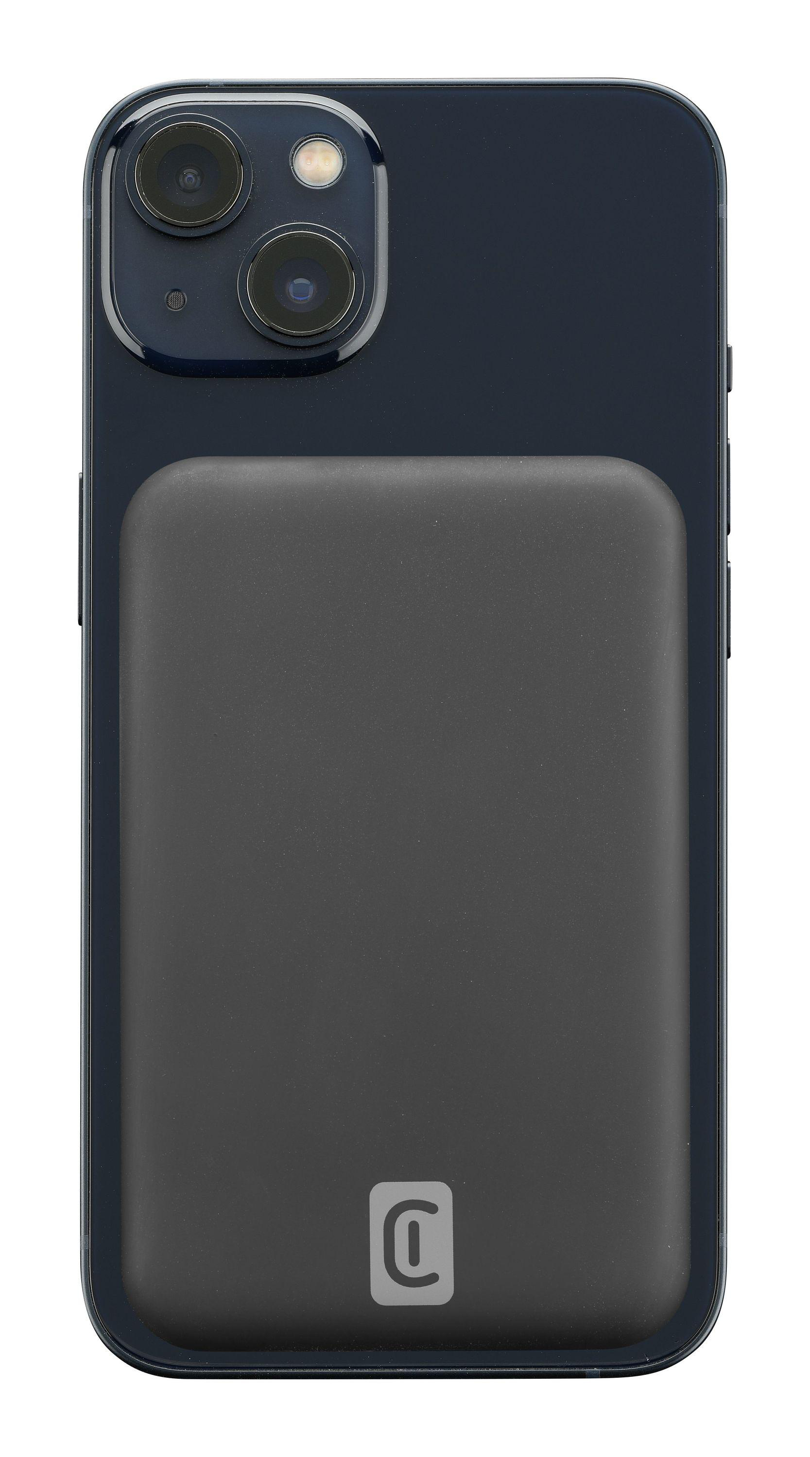 Dunkelblaues iPhone mit angebrachtem schwarzem Magnet-Akkupack.