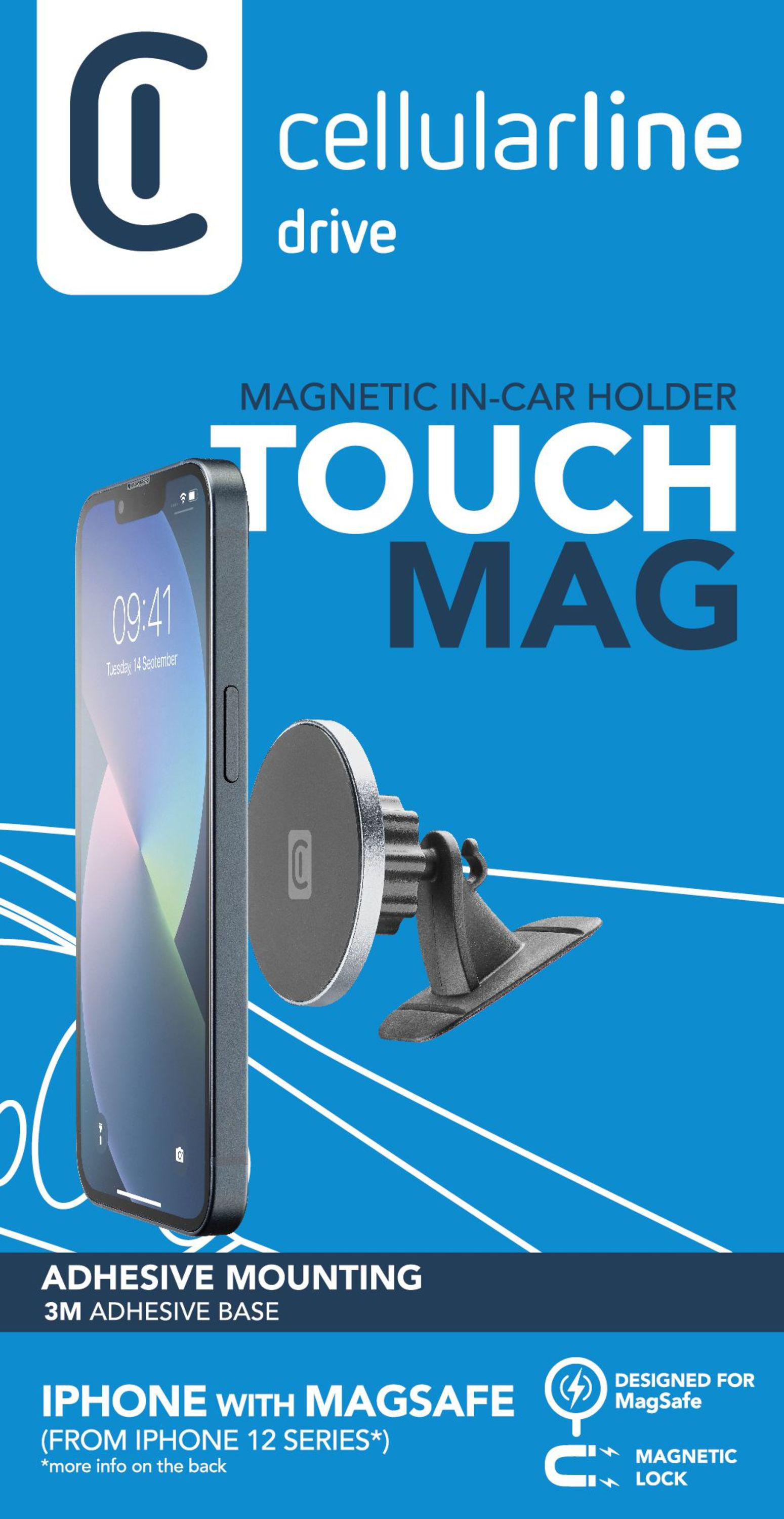 Ein Autotelefonhalter mit Telefon, Marke 'cellularline drive touch mag' auf blauem Hintergrund.