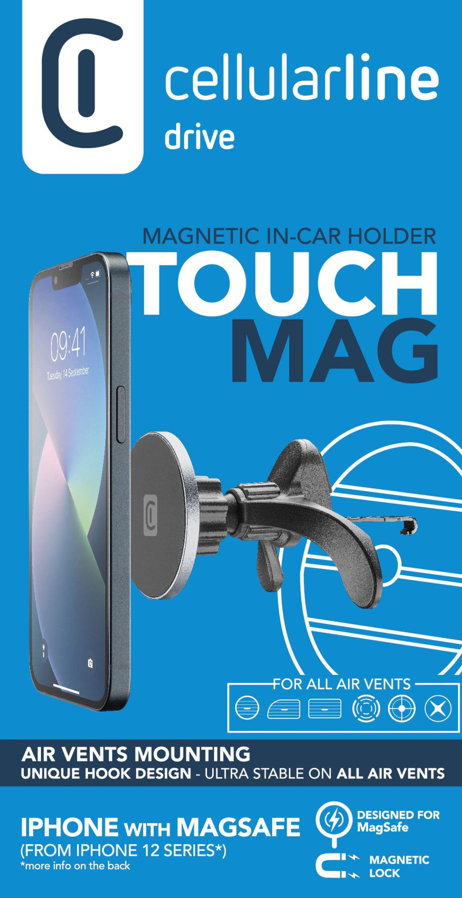 Ein Autotelefonhalter mit Telefon, Marke 'cellularline drive touch mag' auf blauem Hintergrund.