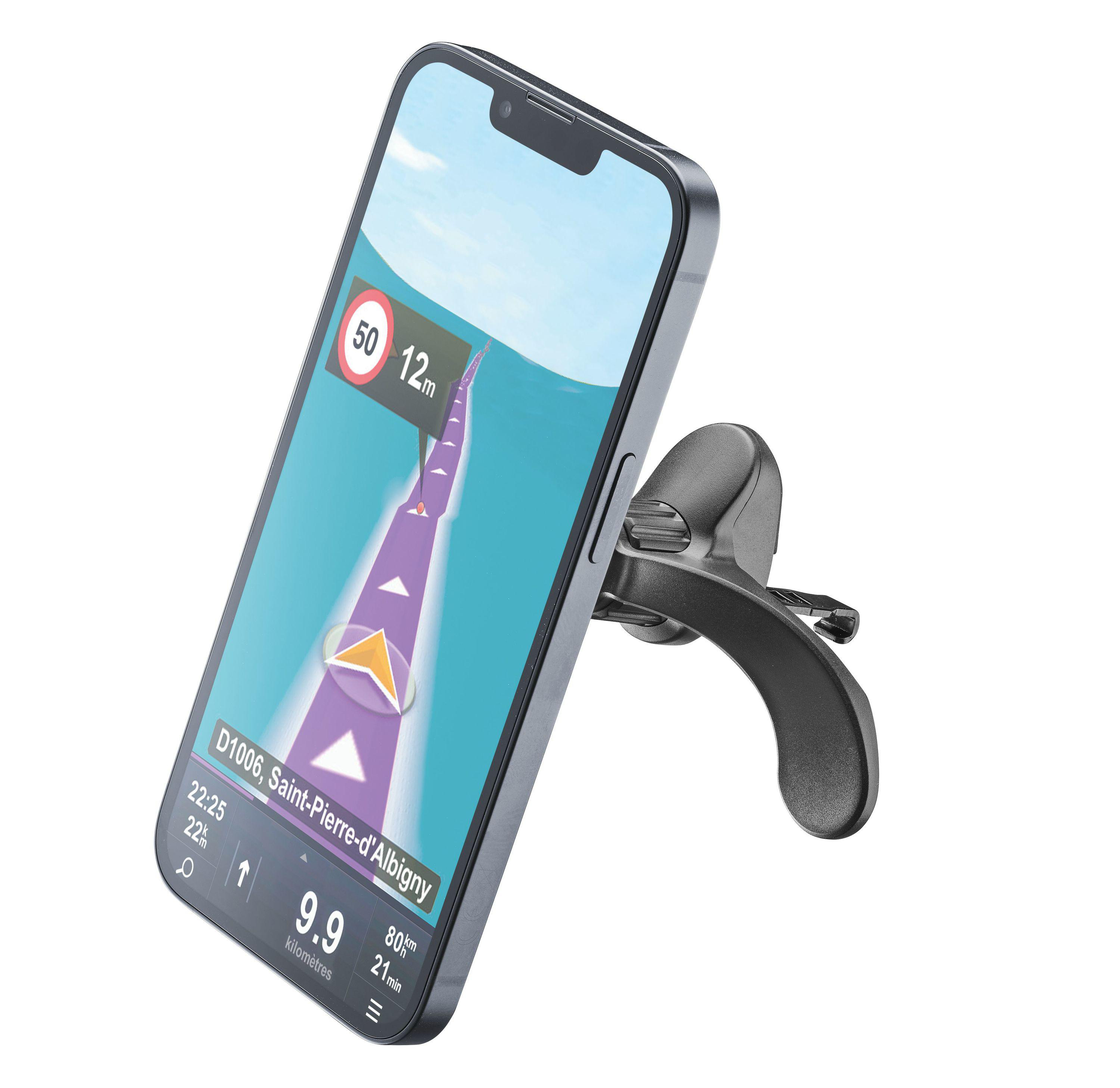 Ein Telefon in einer Autohalterung, das eine Karte mit Navigationsdetails anzeigt.