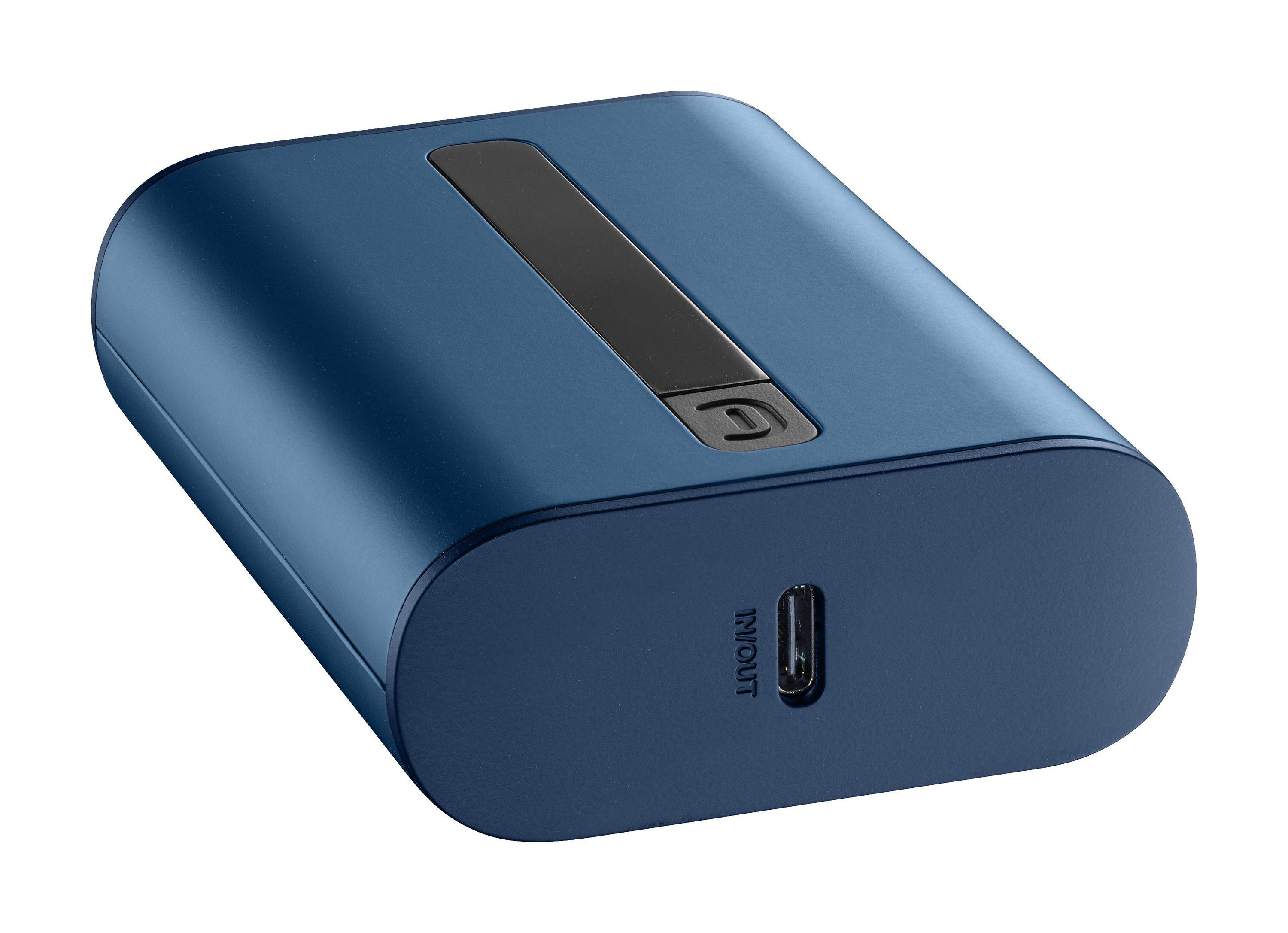 Ein dunkelblaues, rechteckiges tragbares Ladegerät mit schwarzem Streifen und USB-C-Anschluss.