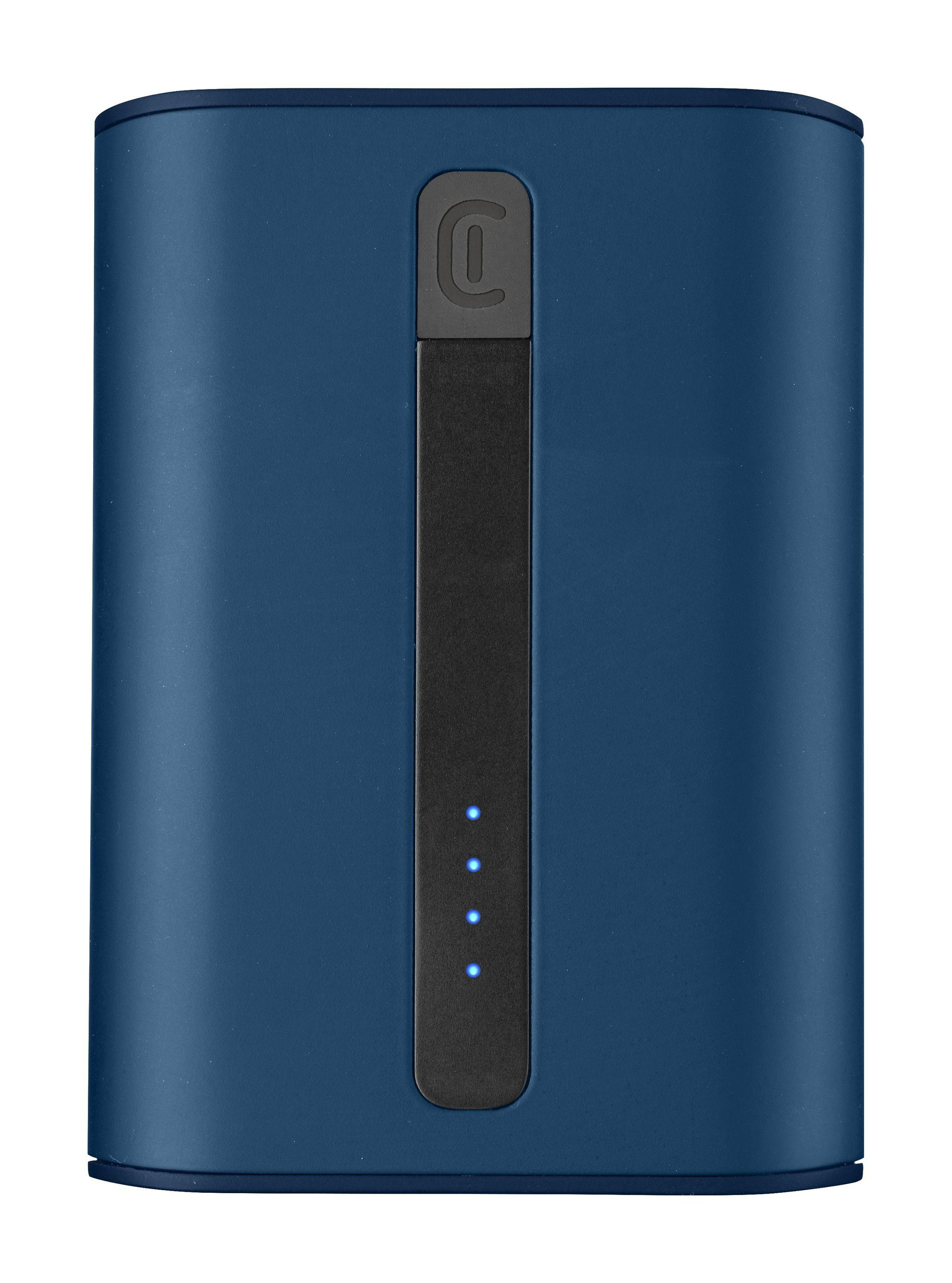 Dunkelblaue Powerbank mit schwarzem Streifen und drei blauen Kontrollleuchten.
