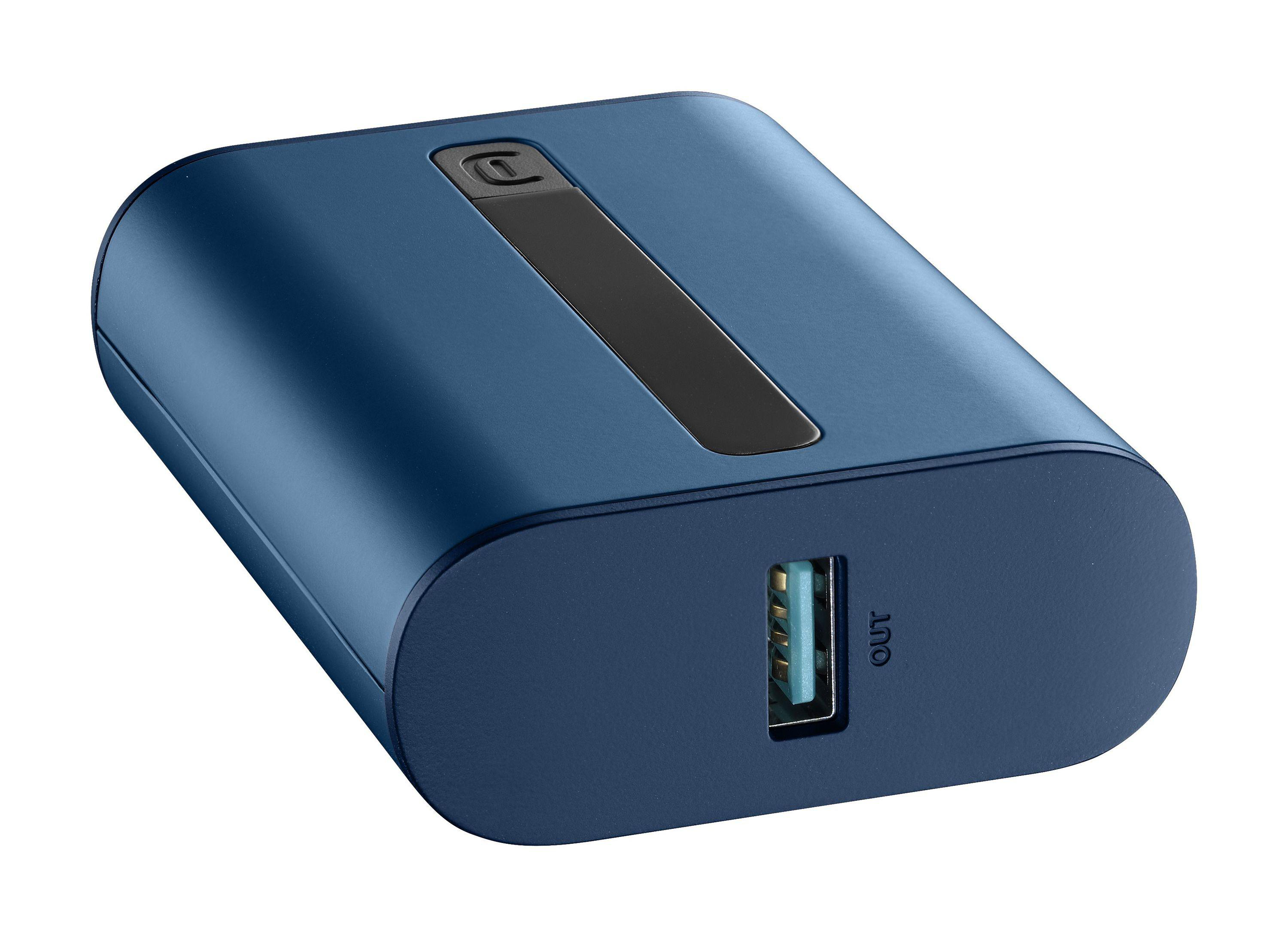 Eine blaue Powerbank mit schwarzem Streifen und USB-Anschluss.