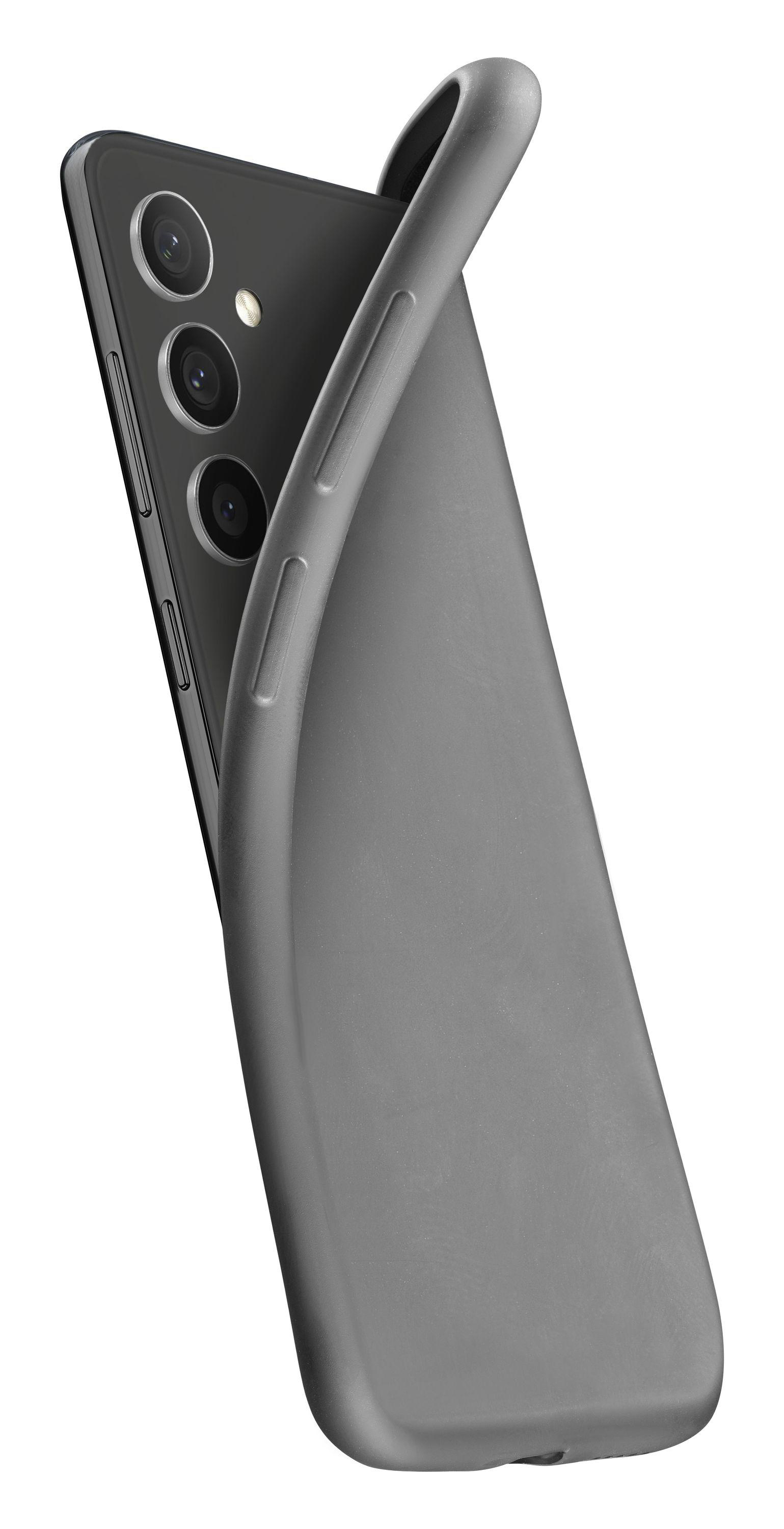 Graues Telefon mit einer grauen Hülle, die angelegt wird. Die Kamera ist sichtbar.
