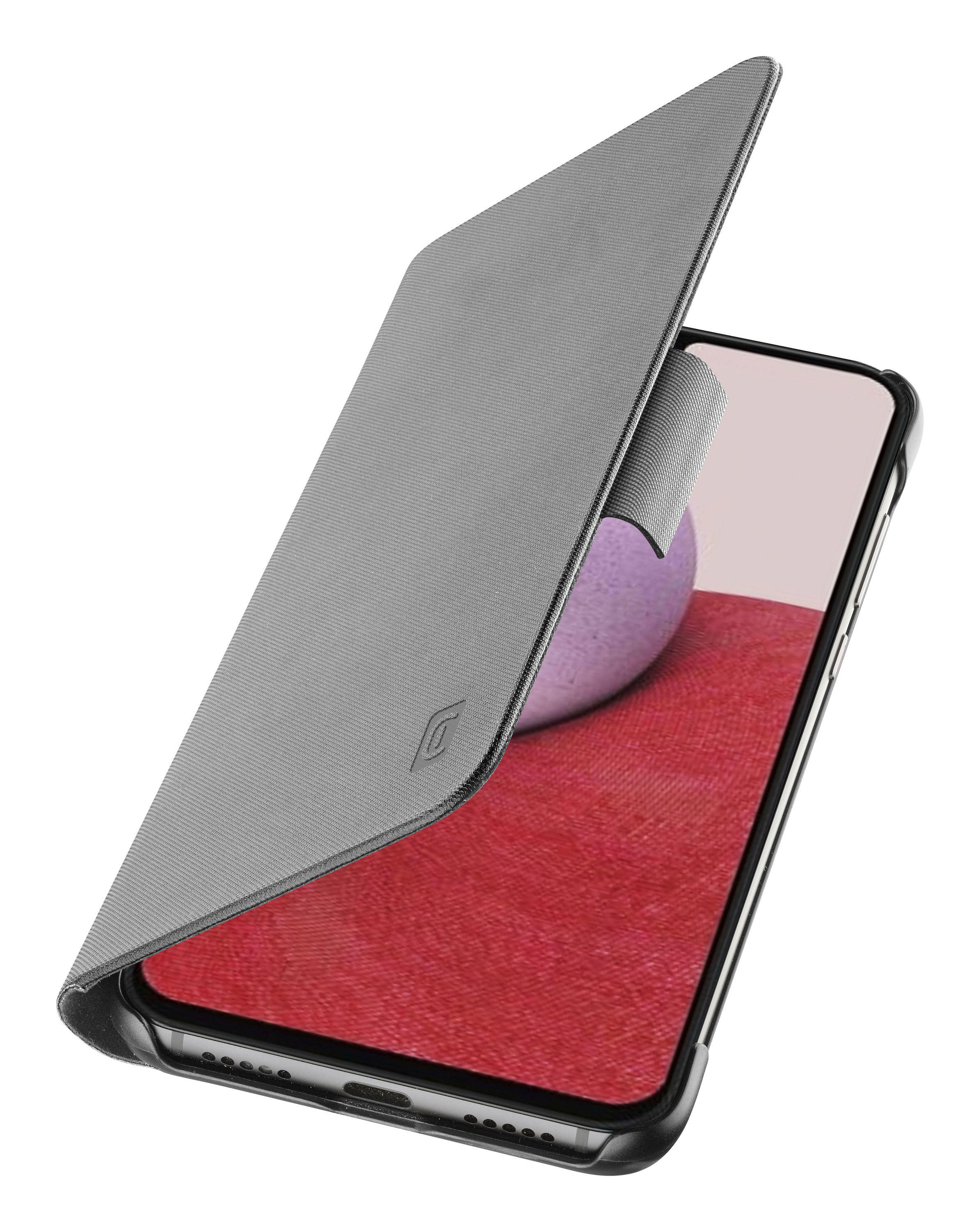 Smartphone in grauem Case, teilweise geöffnet, zeigt roten Hintergrund.