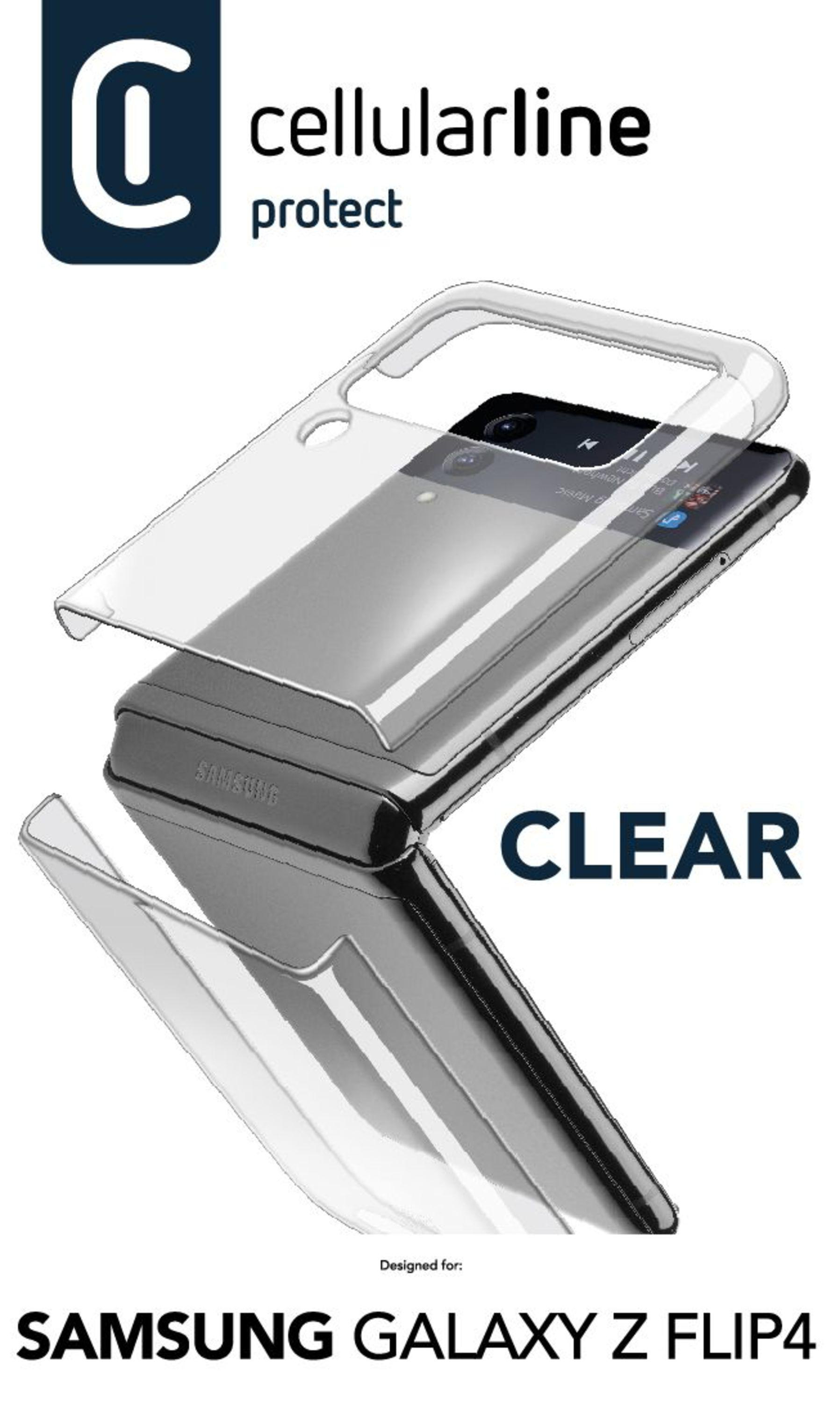 Transparente Handyhülle auf einem schwarzen Telefon mit SAMSUNG GALAXY Z FLIP4.