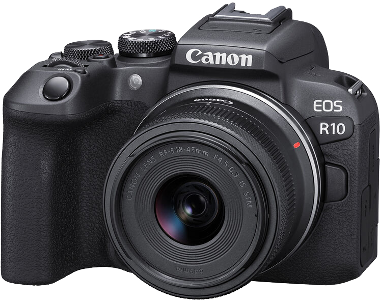 Fekete Canon EOS R10 kamera objektívvel. Az objektív középen van.