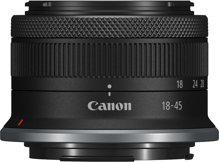 Fekete Canon objektív ezüst alappal. Hordón számok és szavak találhatók, melyek az 18-45 mm-t jelzik.