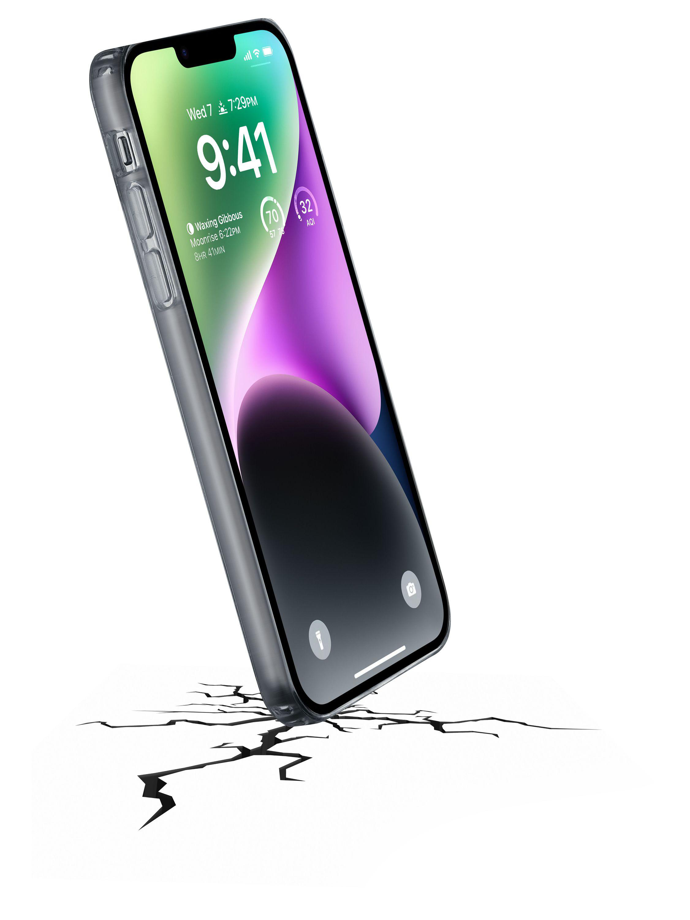 Ein Telefon ist auf einer rissigen Oberfläche geneigt. Das Telefon befindet sich in einer transparenten Hülle.