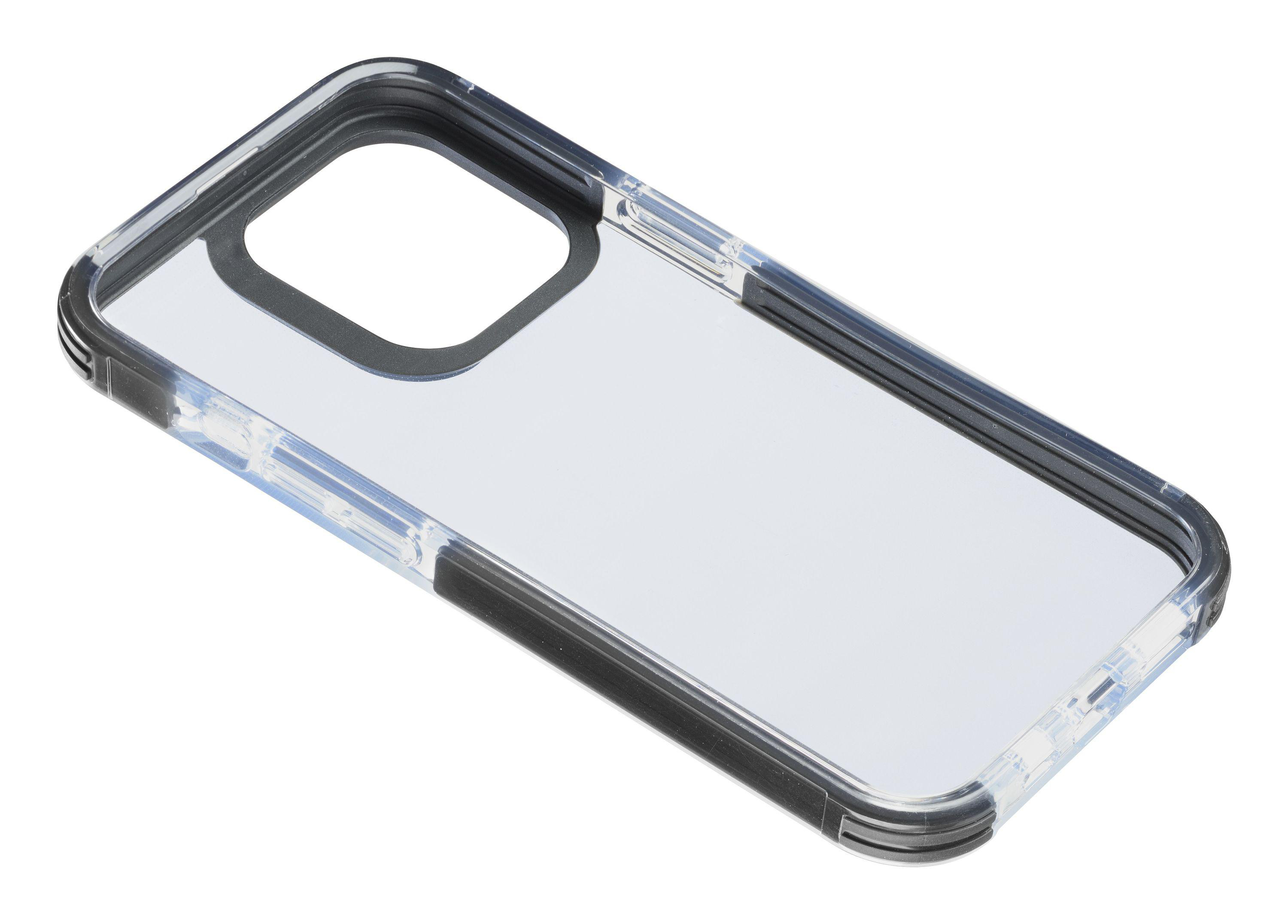 Transparente Handyhülle mit schwarzem Rand, schräg auf weißem Hintergrund.