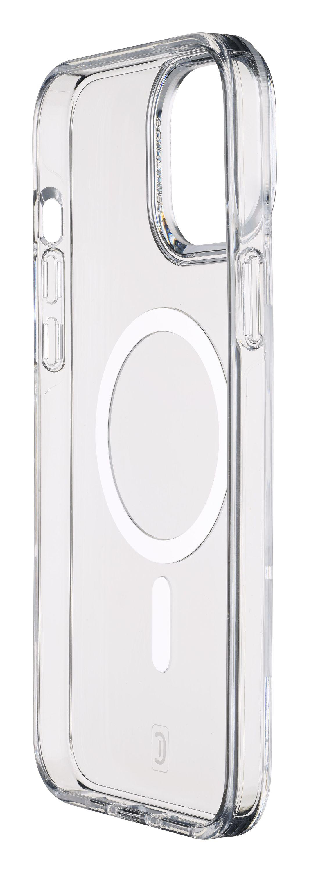 Transparente iPhone-Hülle, Seitenansicht, mit weißem MagSafe-Ring und Markenzeichen.