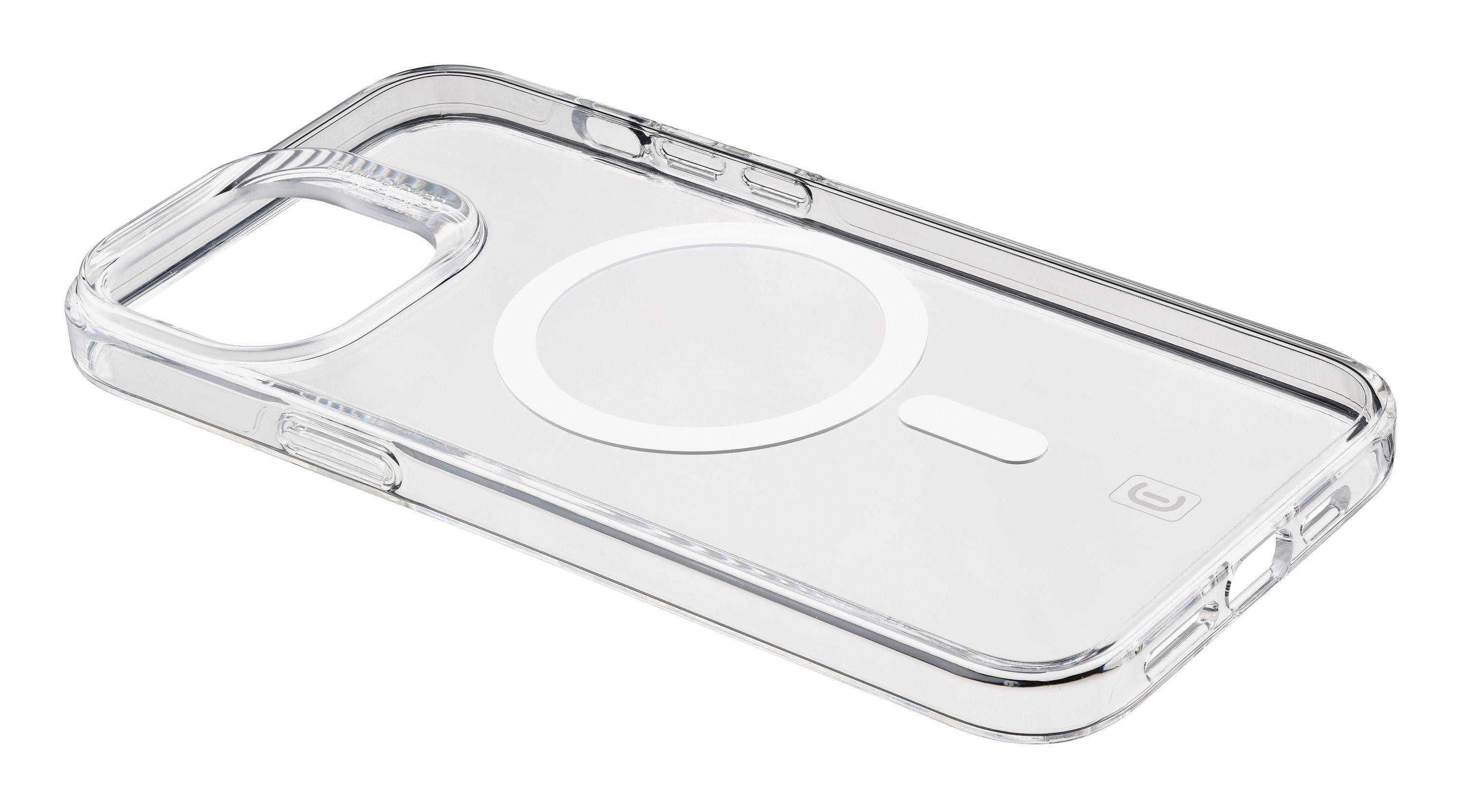 Transparente iPhone-Hülle mit weißem Kreis in der Mitte und weißem Rechteck.