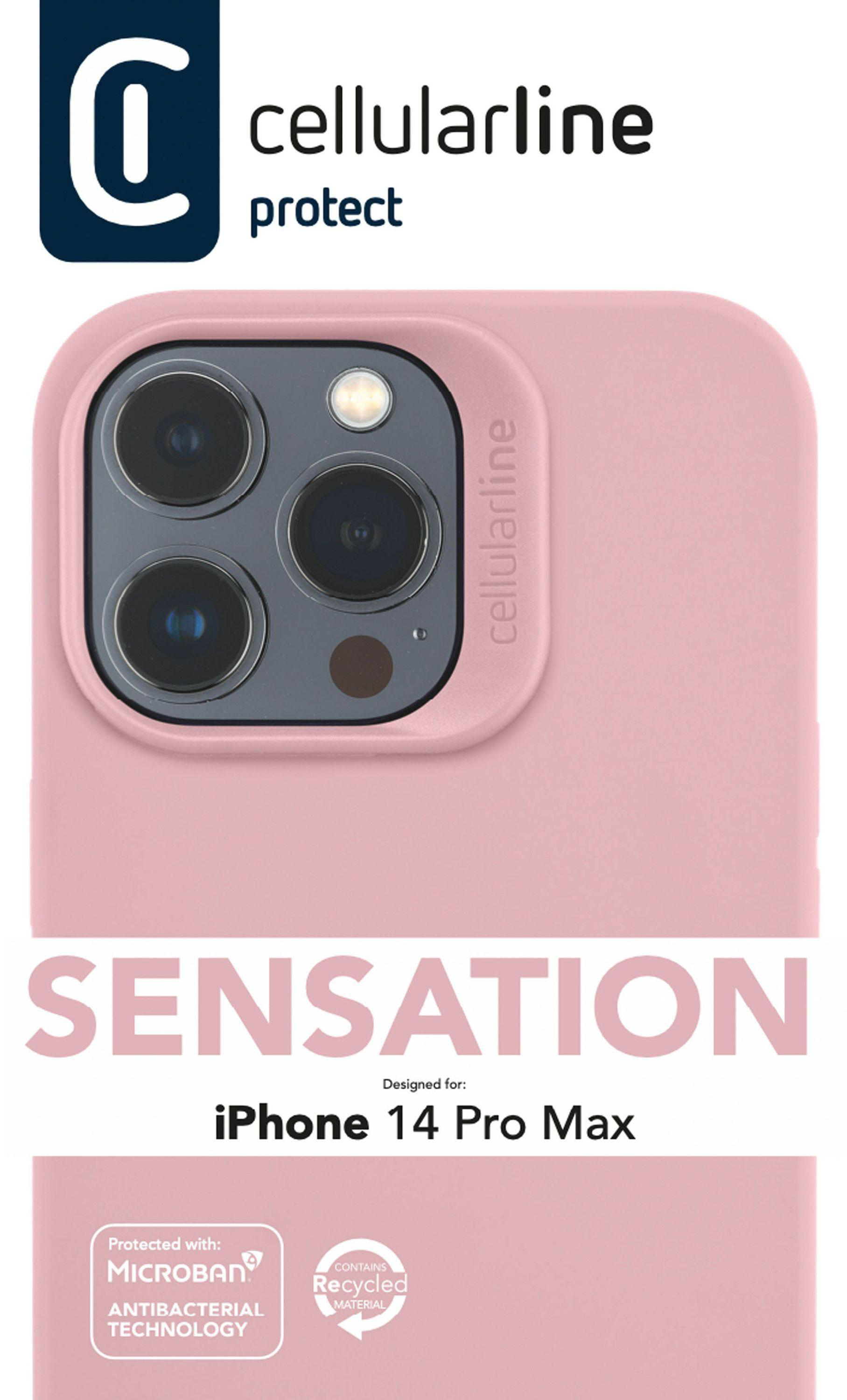 Nahaufnahme einer rosa Handyhülle mit Kameraausschnitt und dem Wort SENSATION.