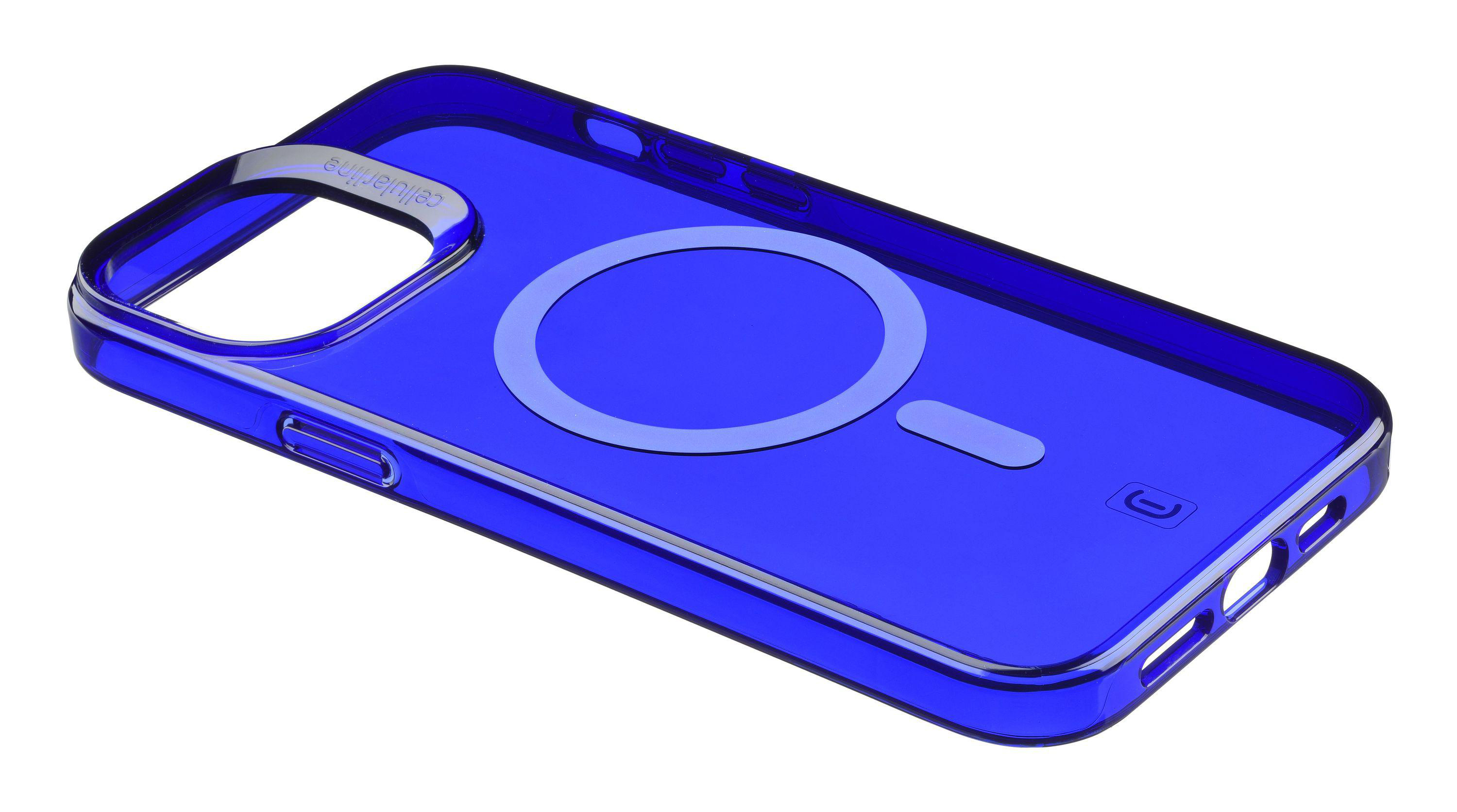 Eine blaue transparente iPhone-Hülle mit einem Kreis und einem - Symbol auf weißem Hintergrund.