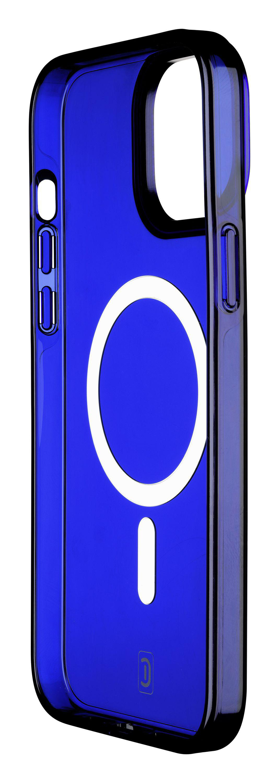 Eine blaue iPhone-Hülle mit einem weißen Kreis auf der Rückseite.
