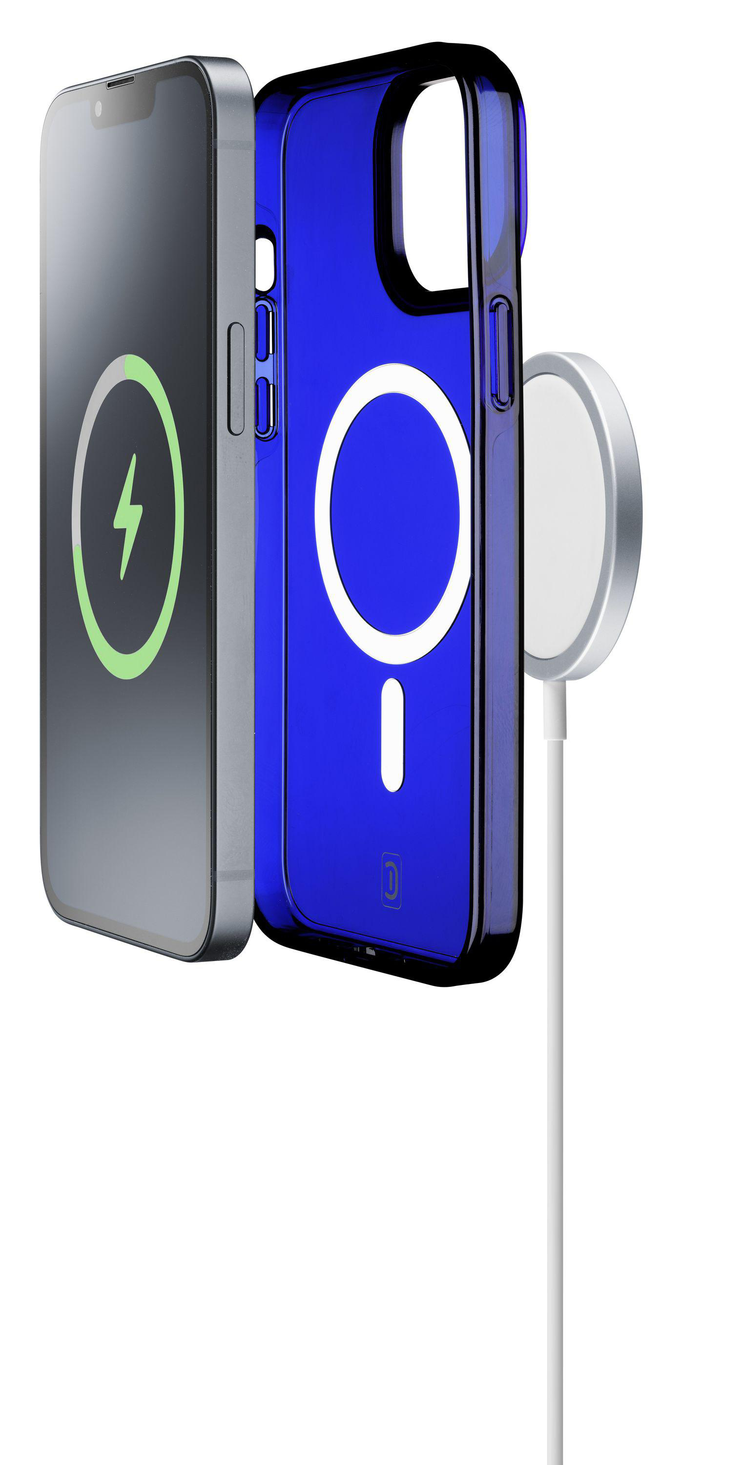 Ein Telefon und eine Hülle mit magnetisch befestigtem Ladegerät. Die Hülle ist blau, und das Telefon hat ein Symbol.