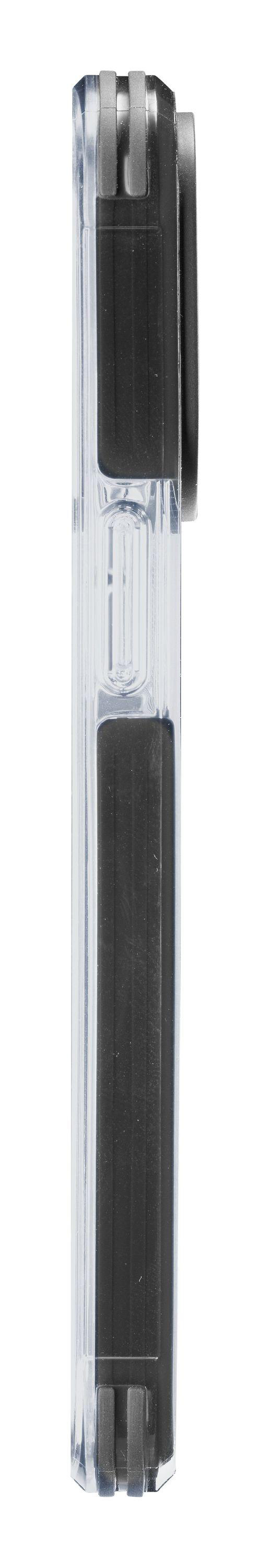 Transparente Handyhülle, schwarze Innenseite, Seitenansicht.