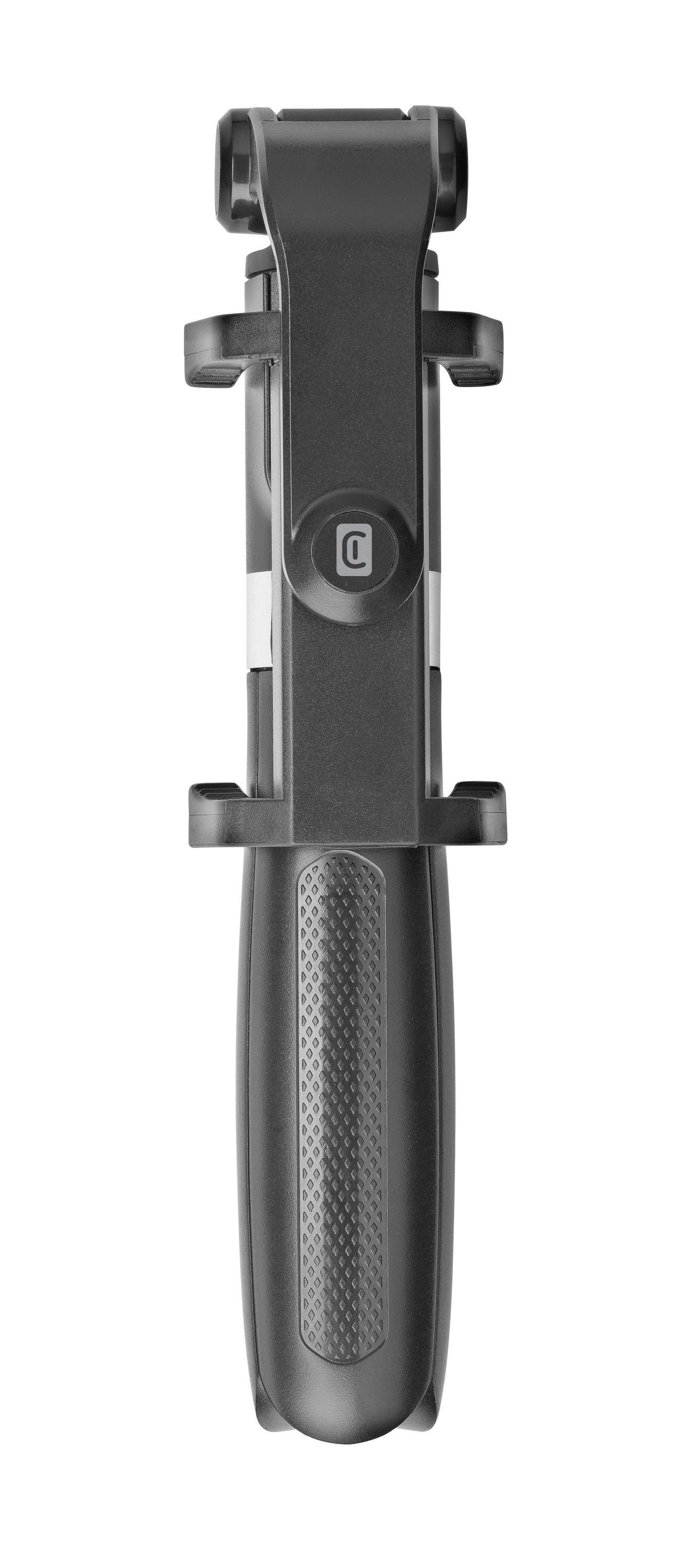 Ein schwarzer Selfie-Stick, ausgefahren, auf weißem Hintergrund. Der Stick ist vertikal.