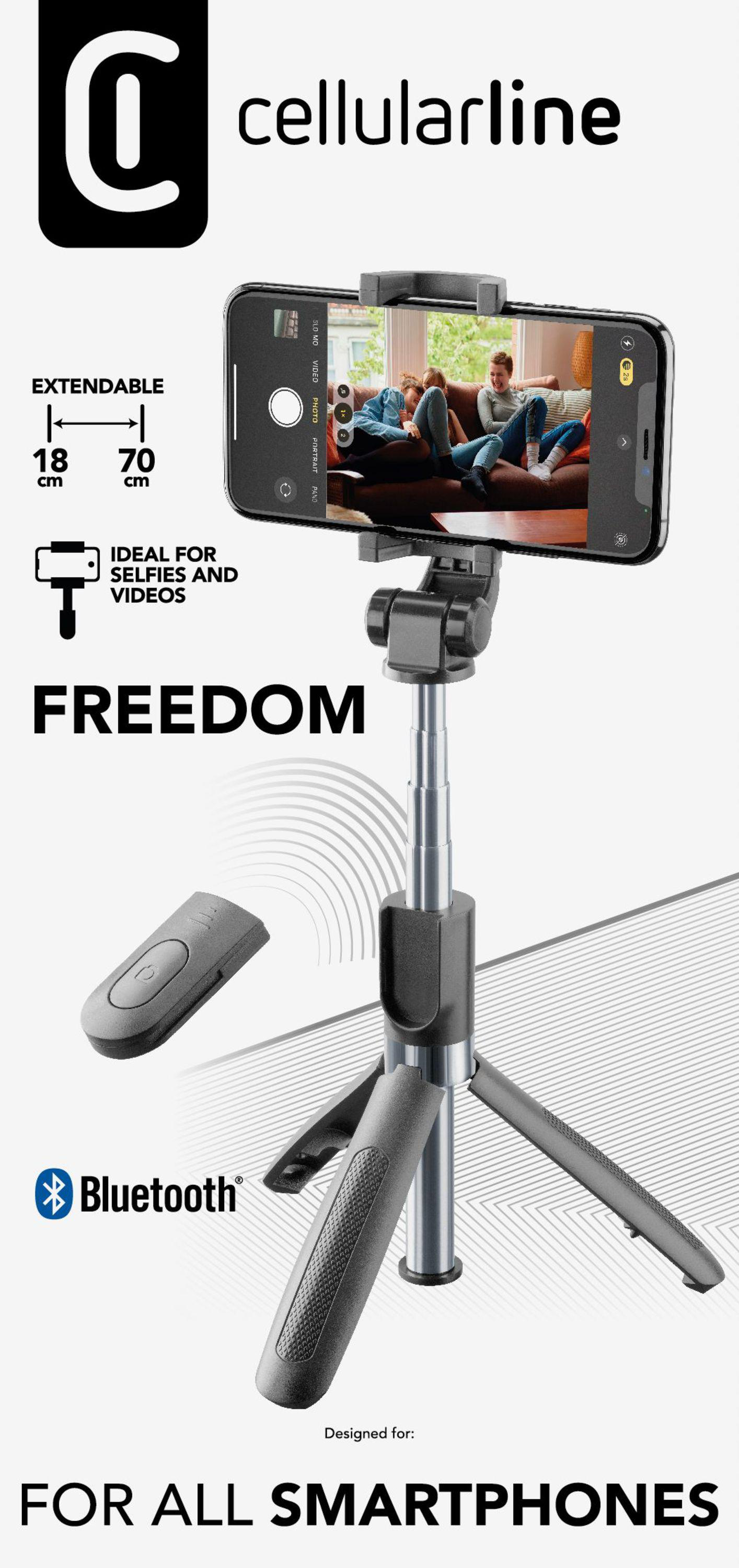 Ein schwarzer Selfie-Stick mit befestigtem Telefon. Er hat Bluetooth und lässt sich von 18 auf 70 cm ausziehen.