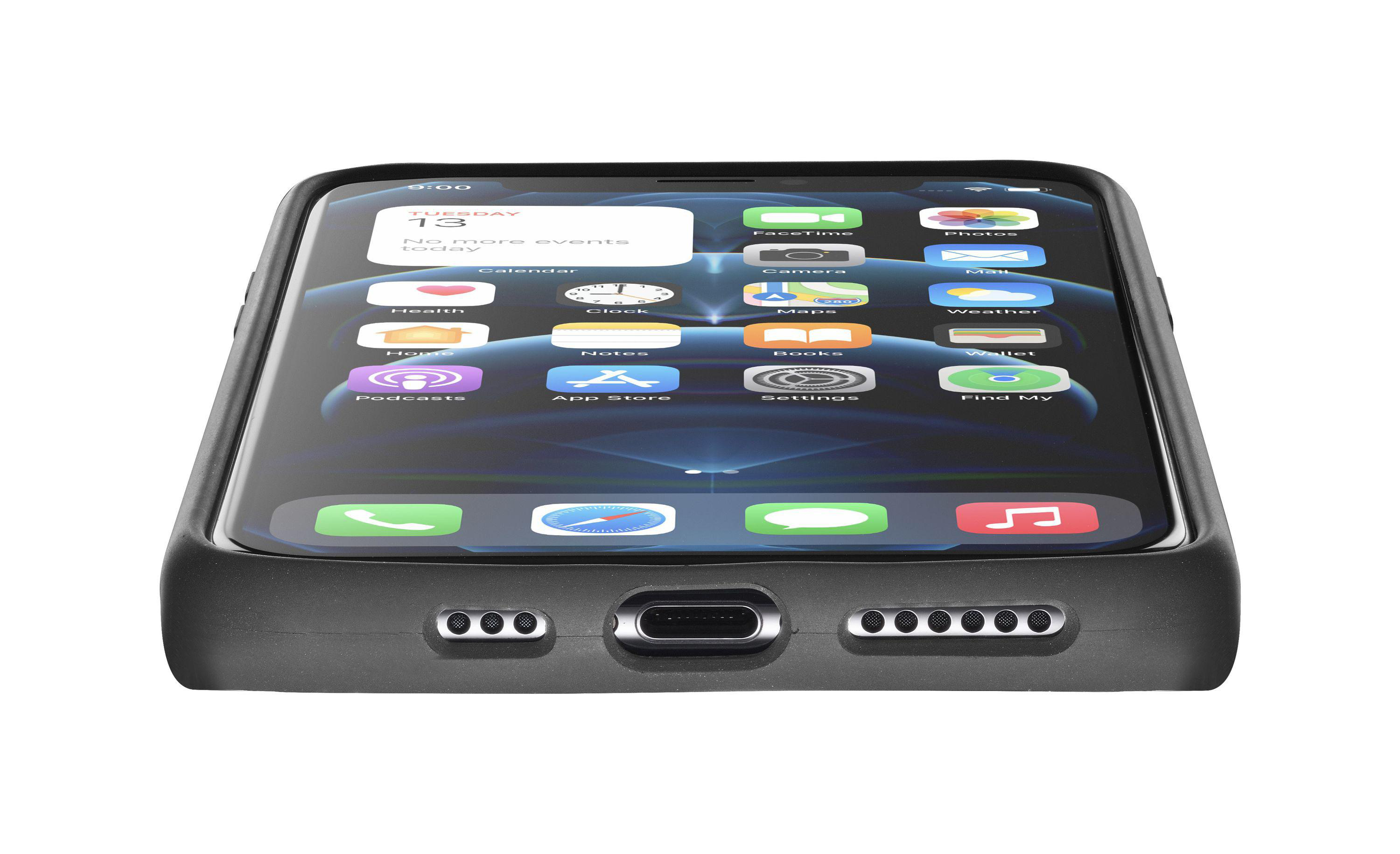 Ein schwarzes Telefon in einem Gehäuse. Der Bildschirm zeigt App-Symbole.