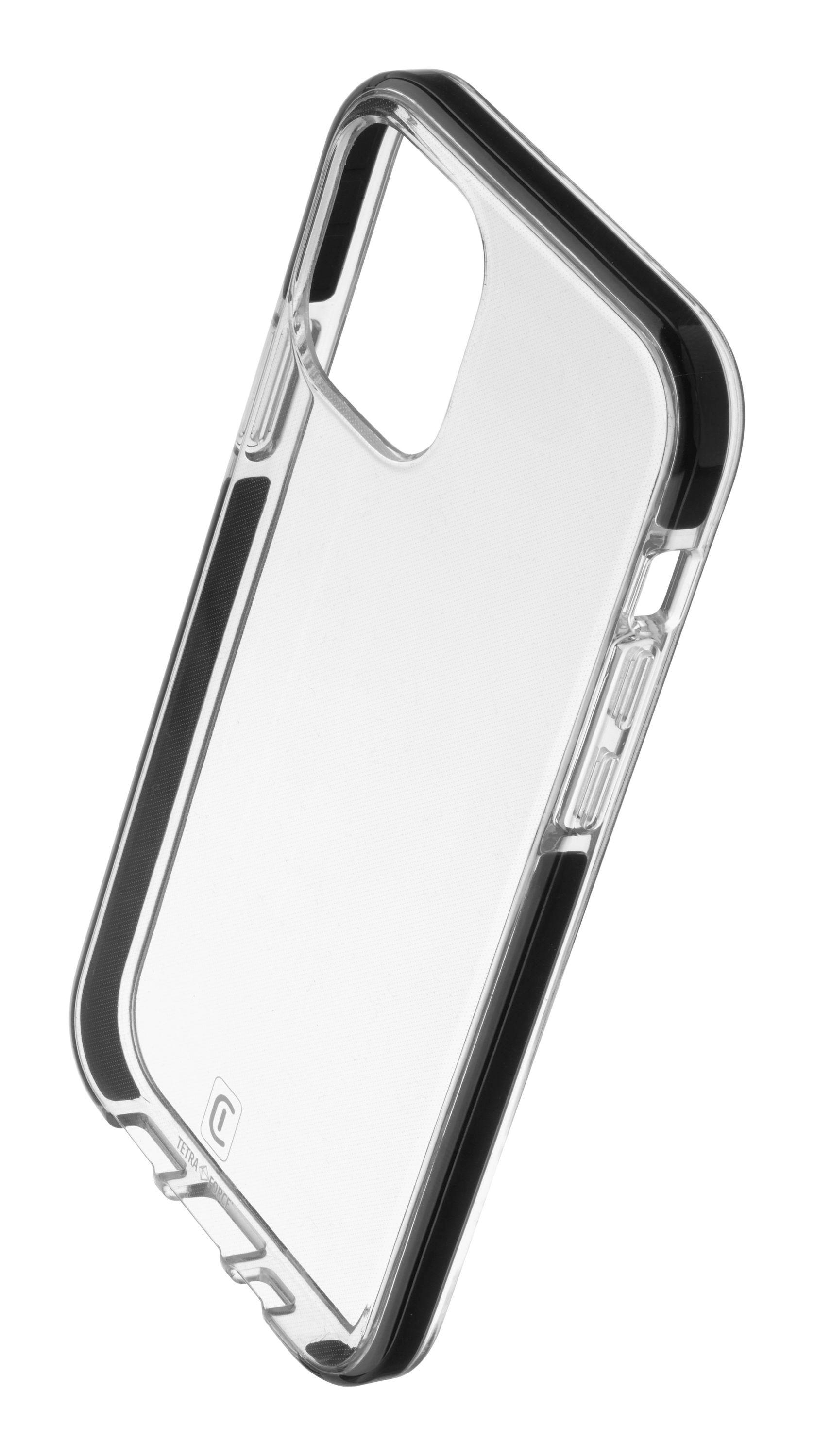 Transparente Handyhülle mit schwarzem Rand. Seitenansicht der Handyhülle. Markenlogo 'C'.