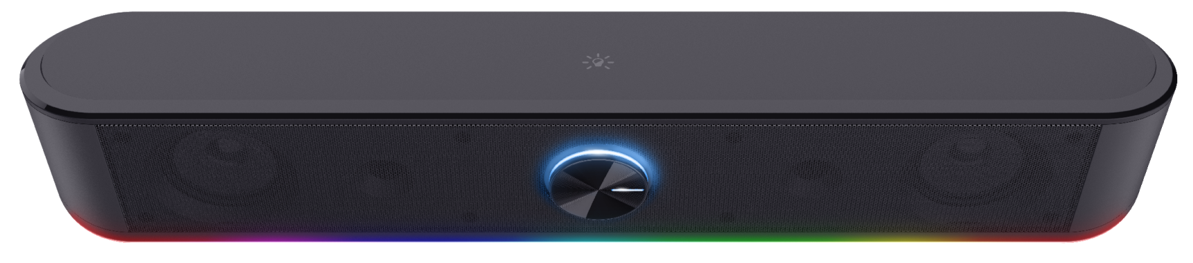 Fekete soundbar hangerőszabályzóval. RGB-fények alul.