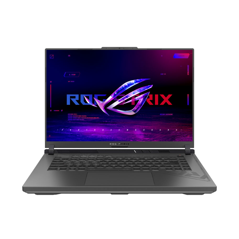 Açık dizüstü bilgisayar, ekranda ROG Strix logosu. Siyah arka planda koyu gri dizüstü bilgisayar.