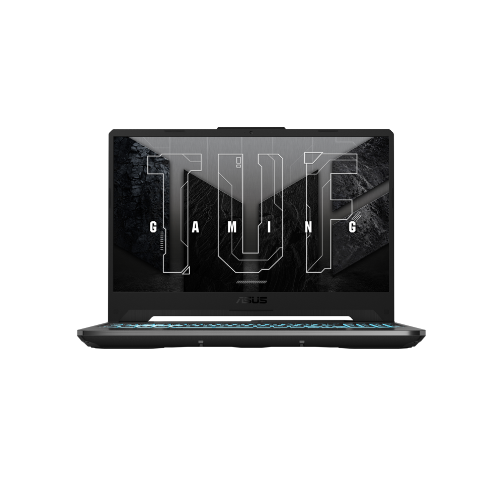 Siyah laptop, mavi aydınlatmalı klavye, kapakta büyük "TUF" logosu.